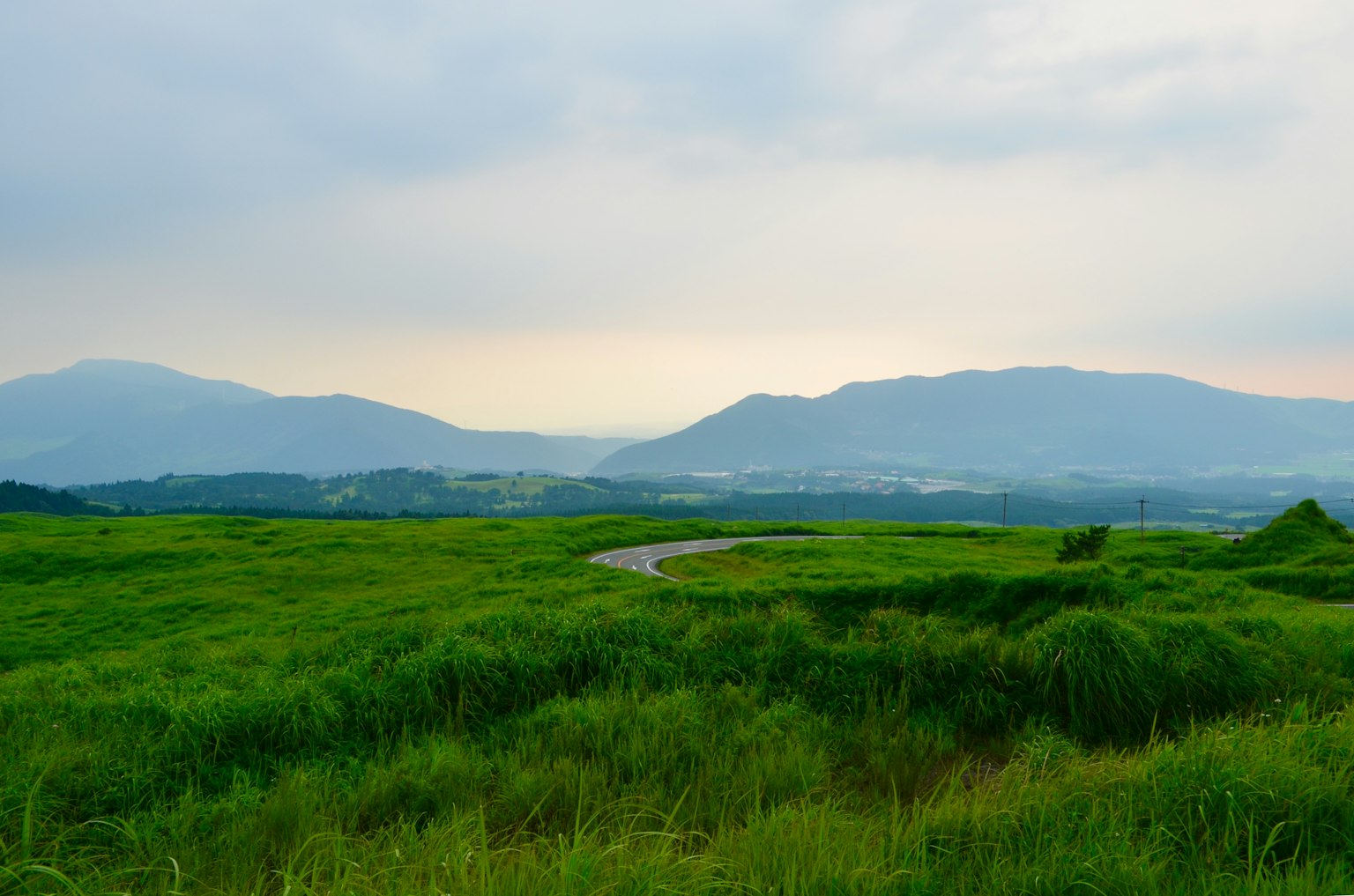 Ladang hijau subur dengan perbukitan bergelombang dan gunung jauh
