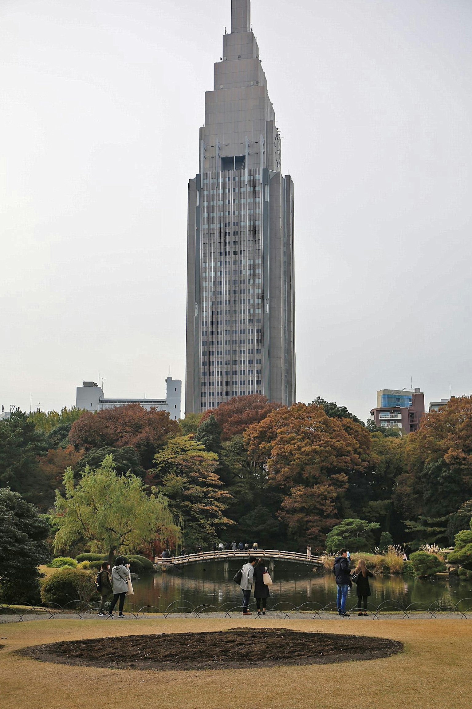 Rascacielos de Shinjuku y escena de parque mostrando colores de otoño