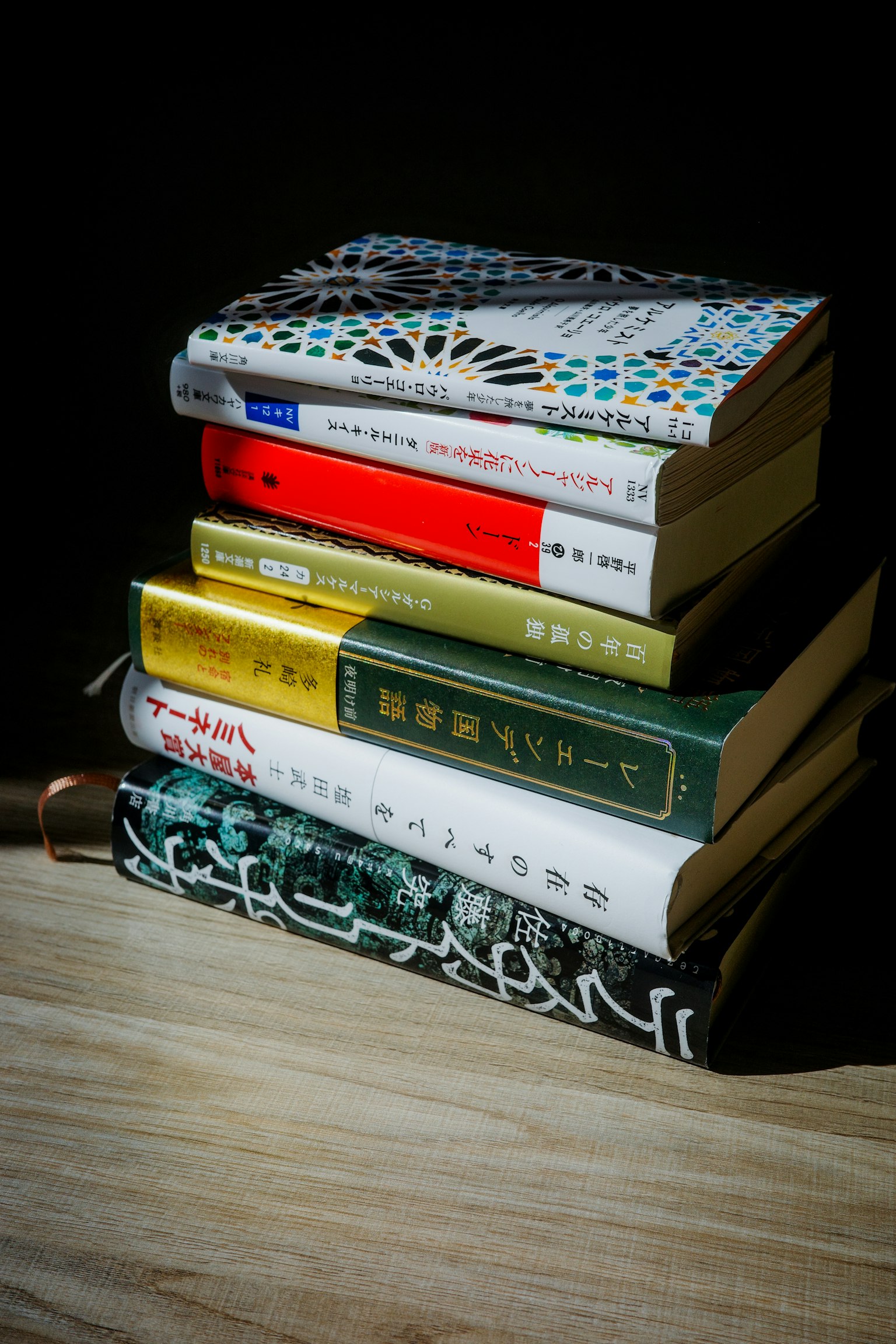 Une pile de livres colorés posée sur une surface en bois