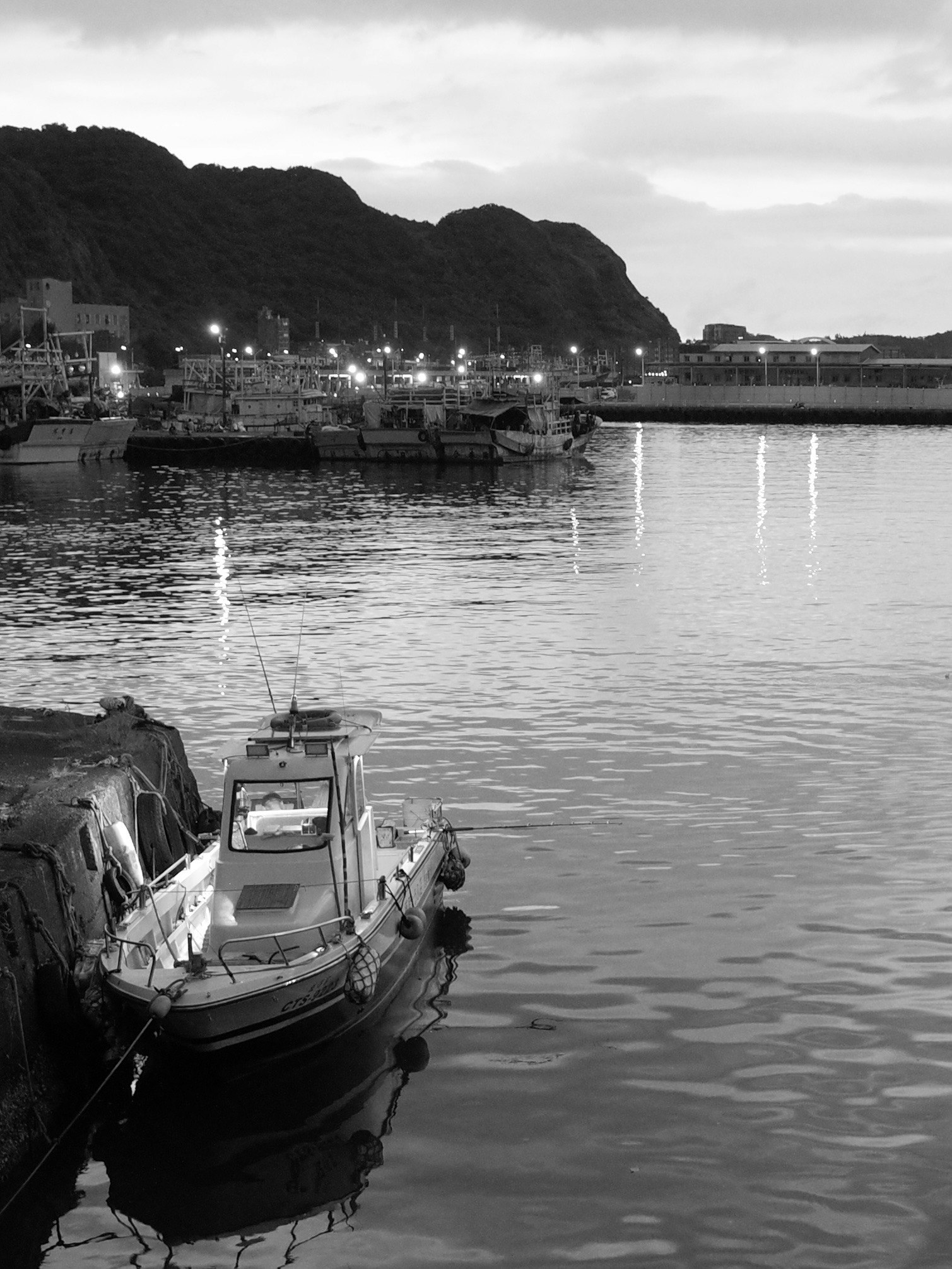 im Hafen festgemachte Boote mit nächtlichen Lichtern an der Küste