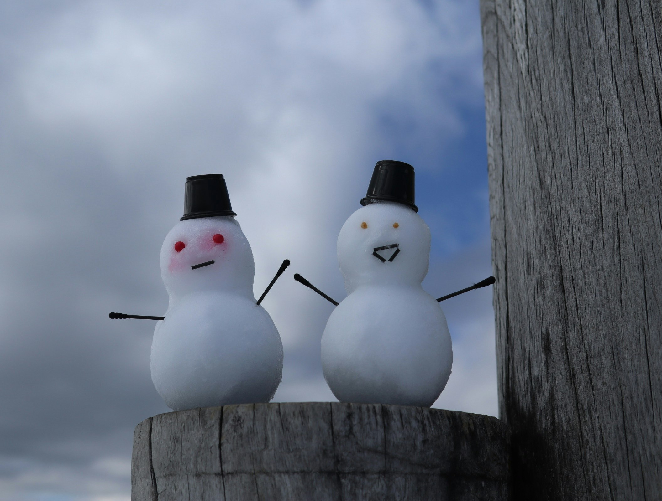 雪だるまとスノーマンが並ぶ雪景色の置物