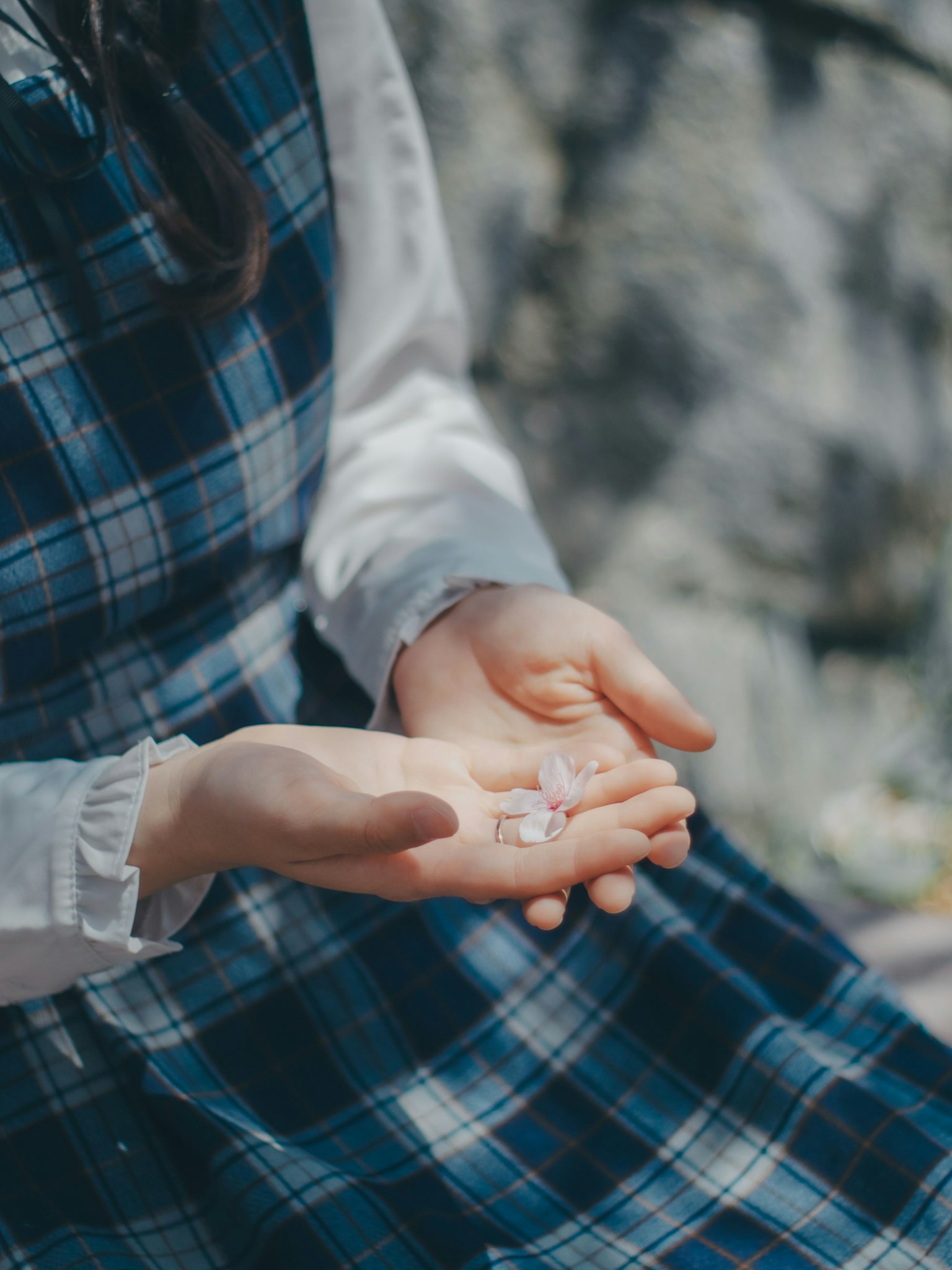 穿著藍色格子裙的女人手中拿著小花瓣