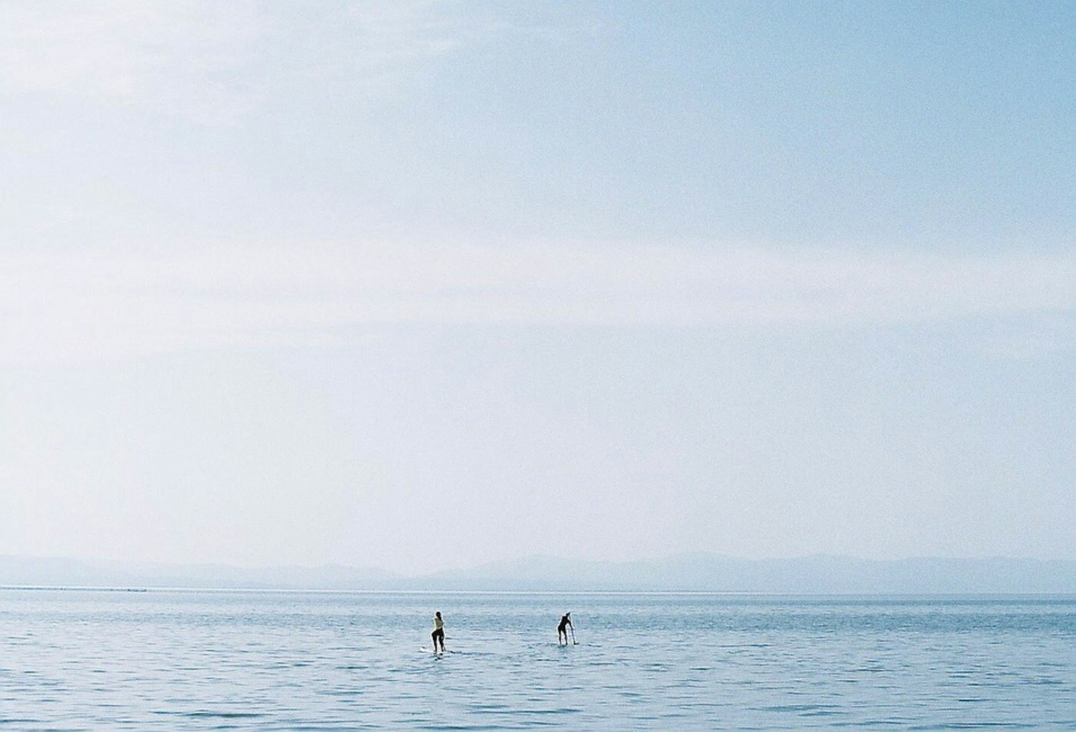 两人在晴朗的蓝天下享受平静海面上的立式划水