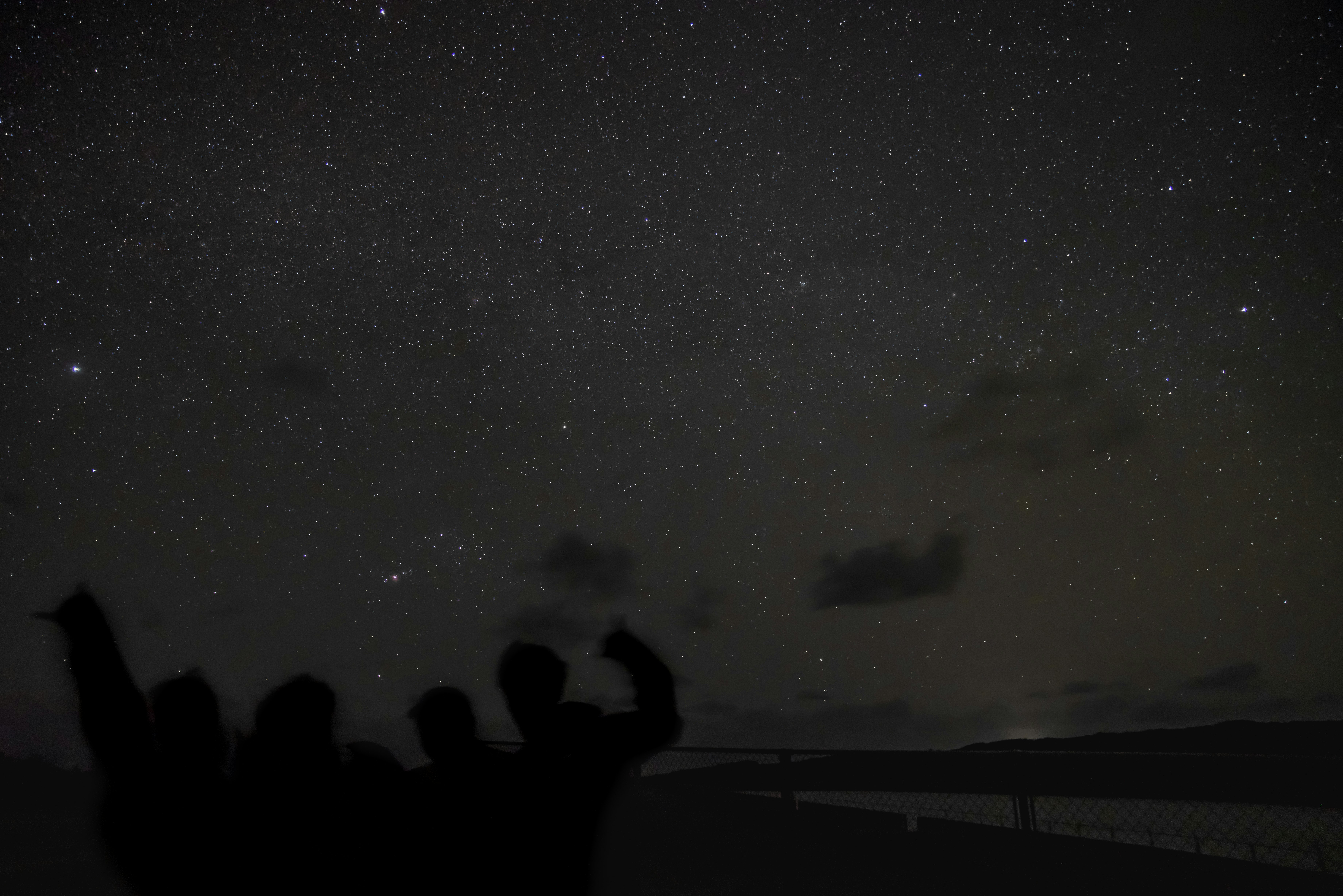 満点の星空の下でポーズする人々のシルエット