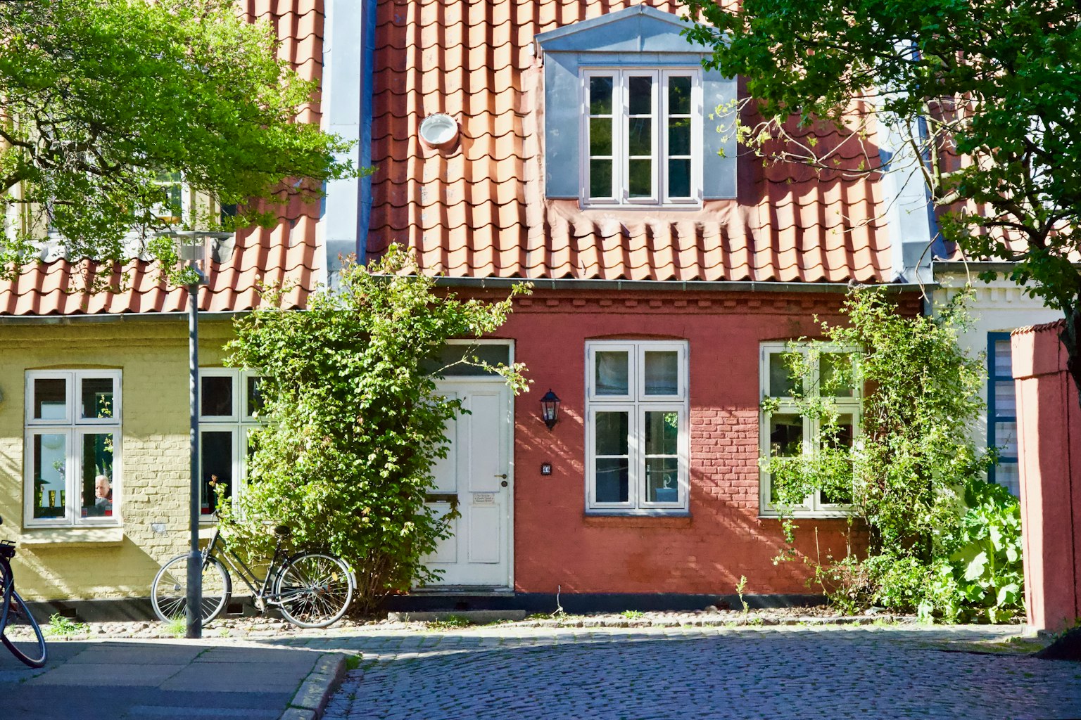 Bunte Häuser entlang einer Straße umgeben von grünen Pflanzen mit einem roten Wandhaus
