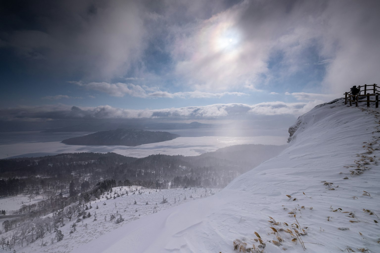 从雪山顶的风景 云和阳光在湖面上反射