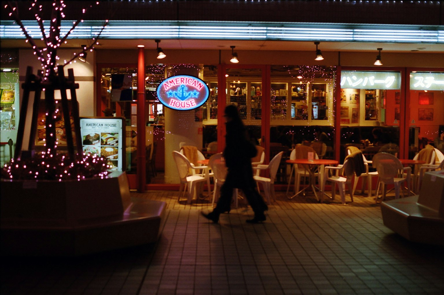 Außenansicht eines Cafés bei Nacht mit beleuchteten Bäumen