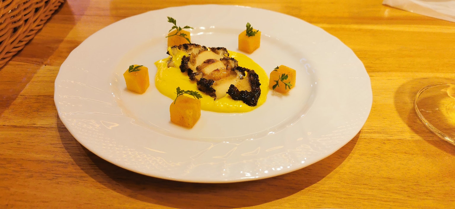 Grilled fish slices on yellow sauce with diced vegetables