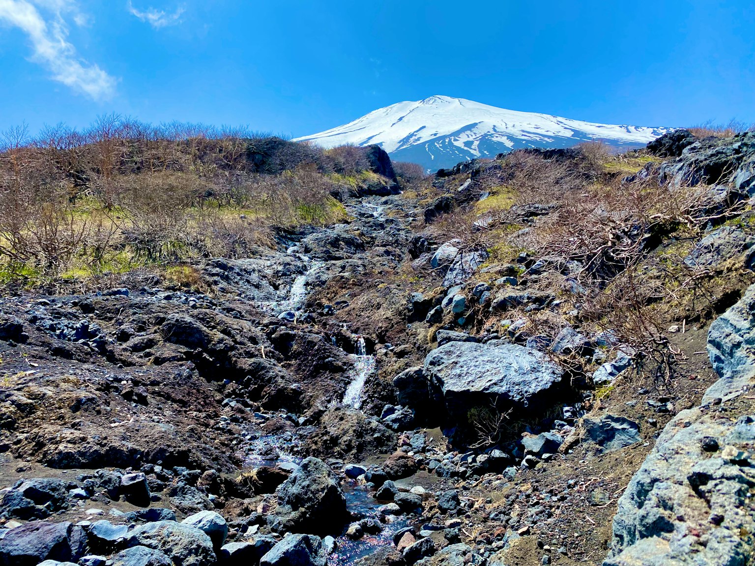 Scenic view of a snow-capped mountain with rocky terrain and a stream