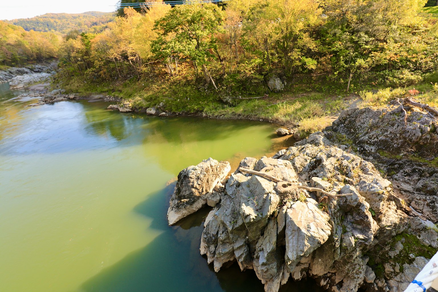 Paesaggio naturale con acqua verde e rocce