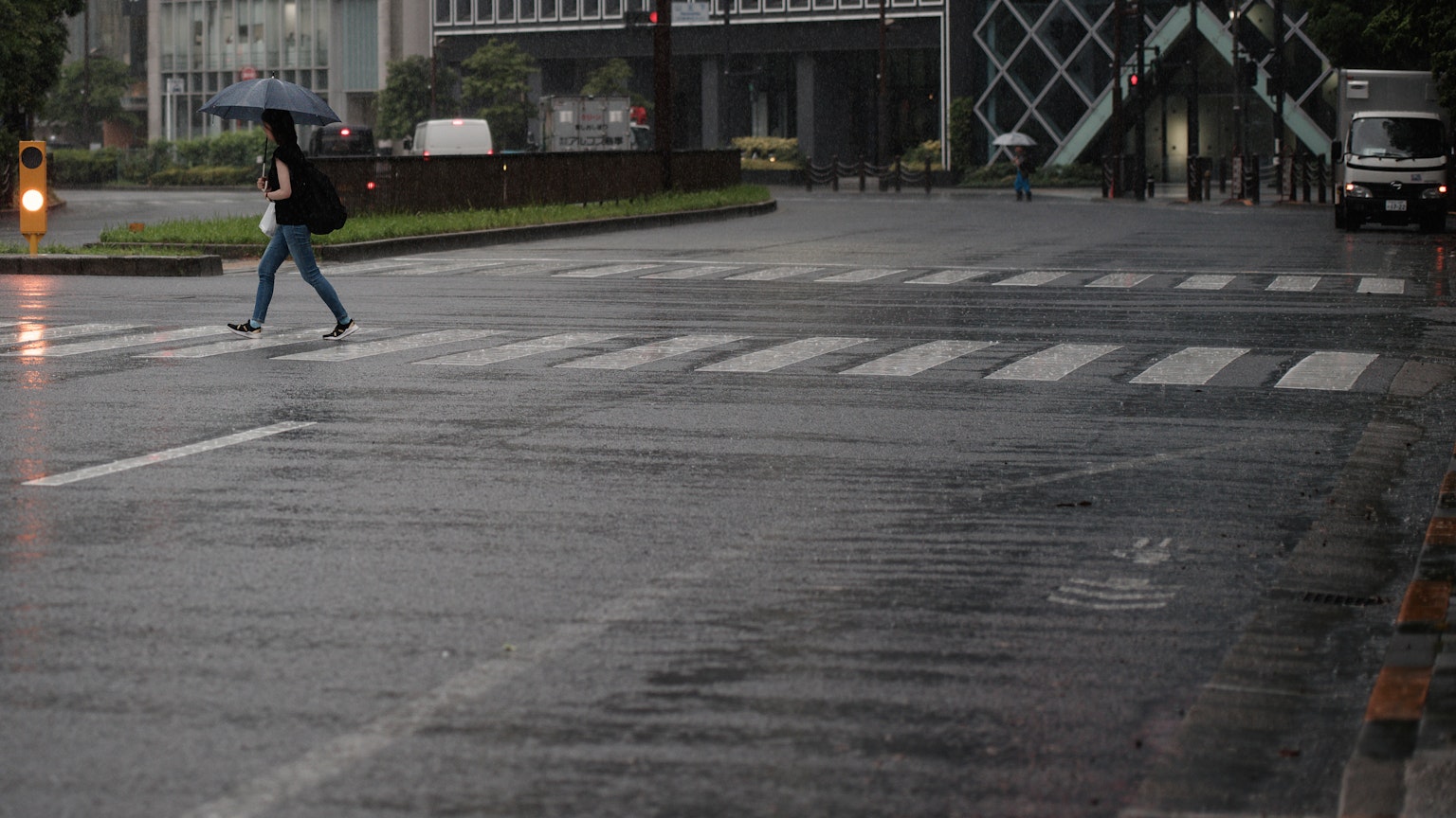 Person crossing the street on a rainy day with wet pavement