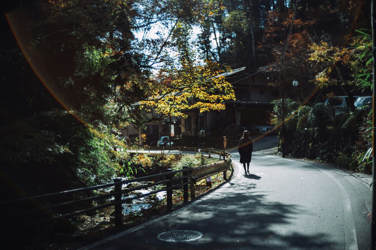 A person walking along a quiet mountain road with autumn foliage