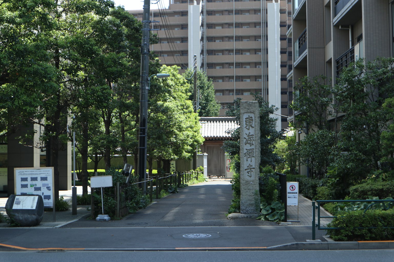 Entrance view between lush path and high-rise buildings