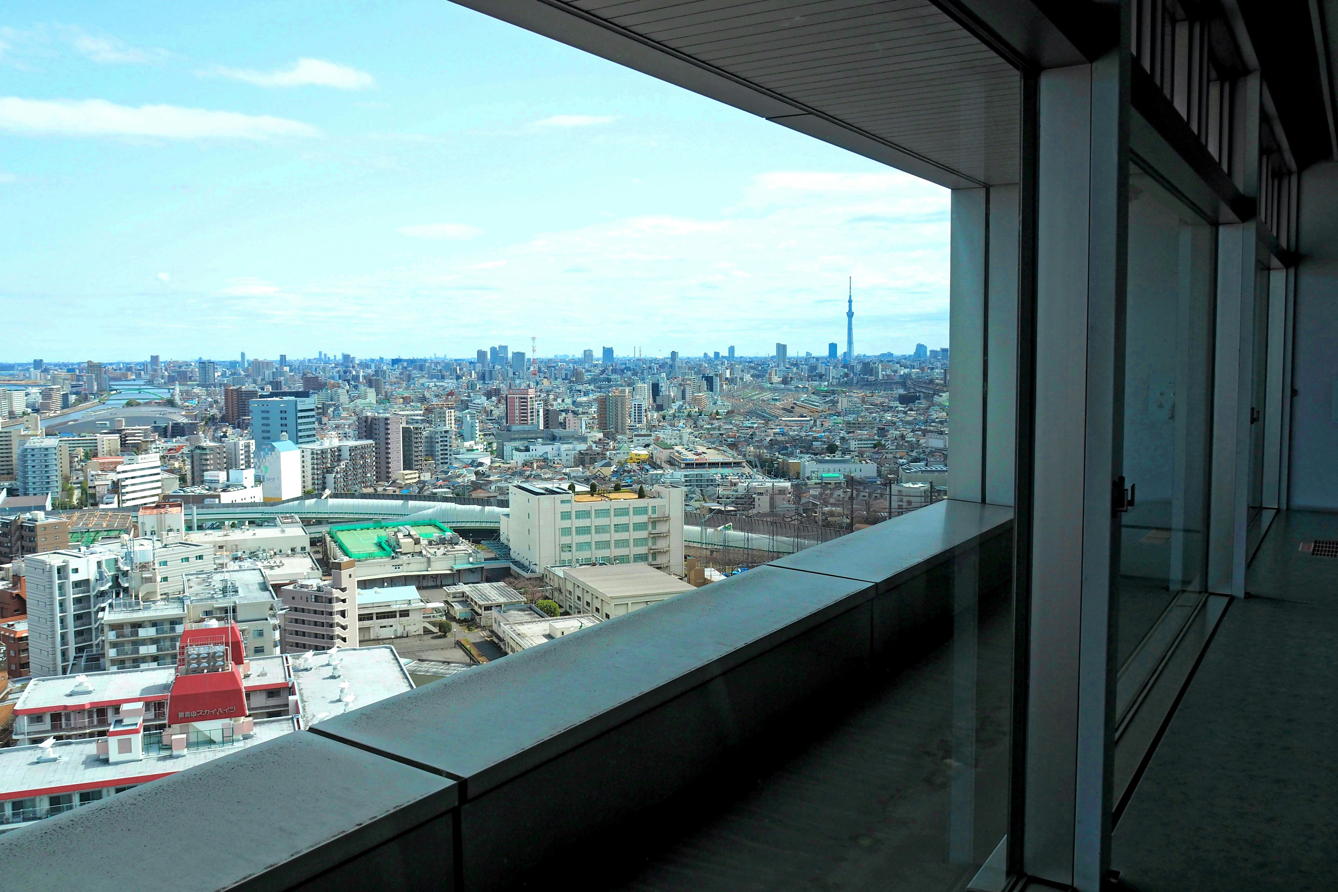 city skyline view from a high-rise window