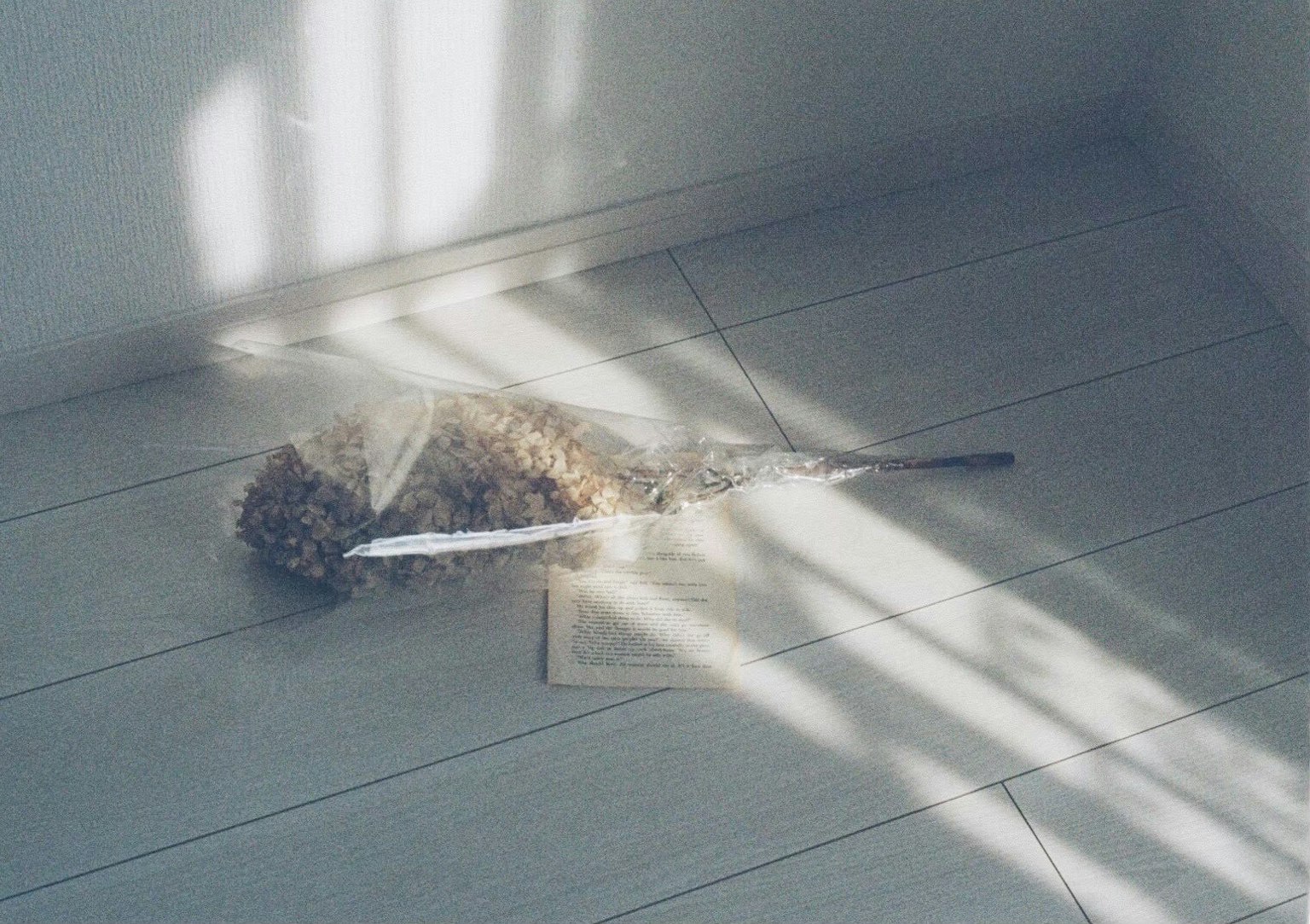A broom resting on the floor with light shadows