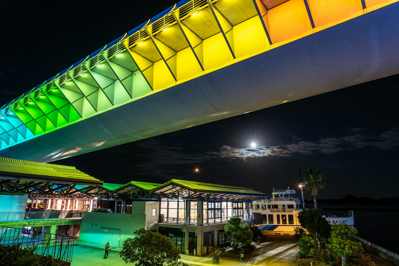 Ponte colorato e edifici di notte con una luna luminosa