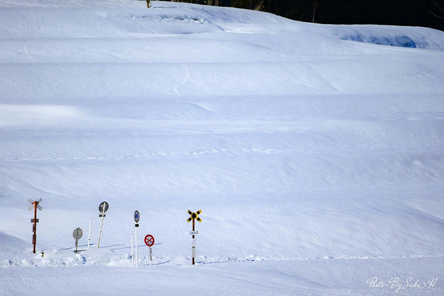 Paesaggio innevato con segnali e cartelli