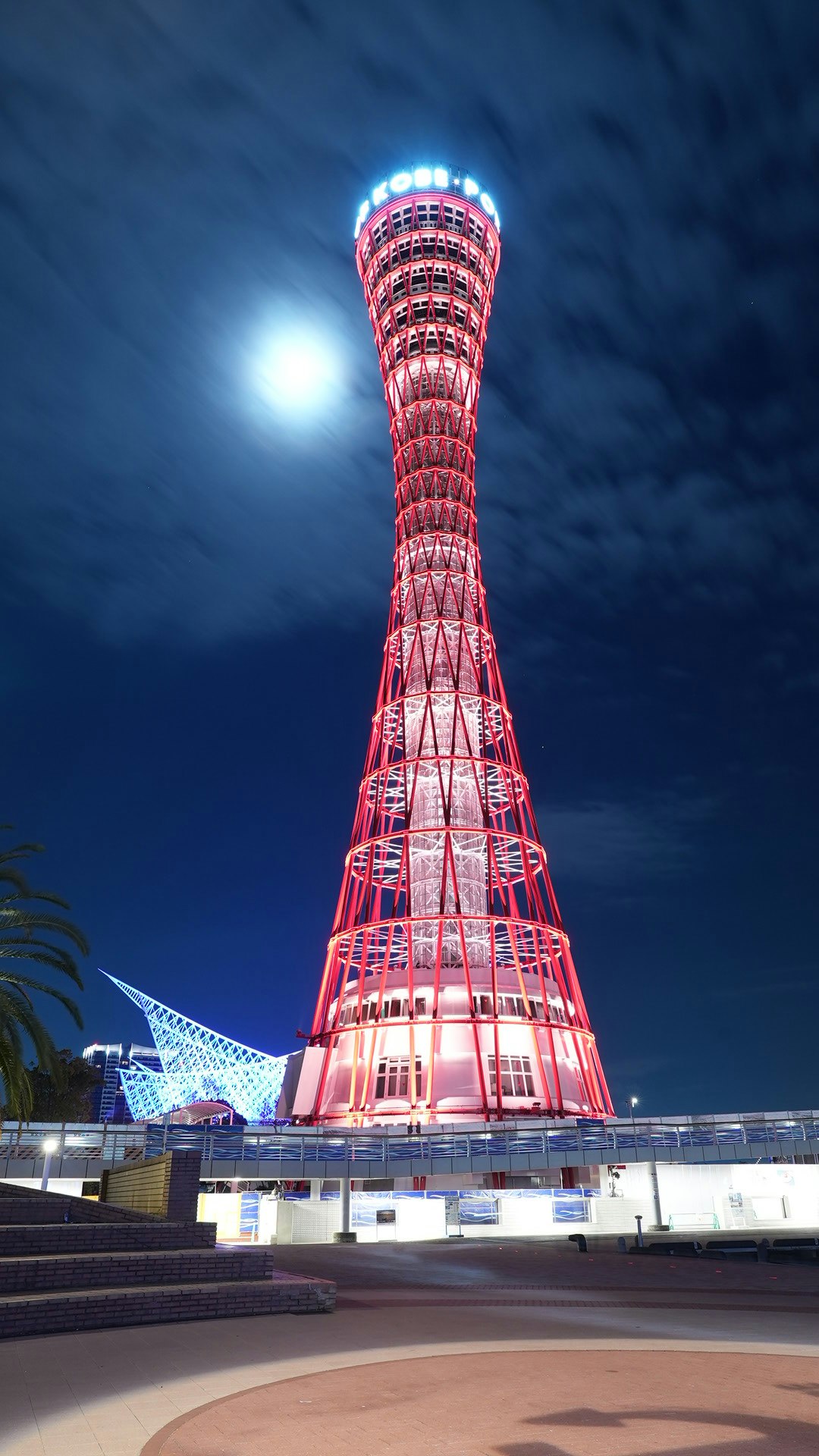 nighttime illuminated red observation tower against the sky image