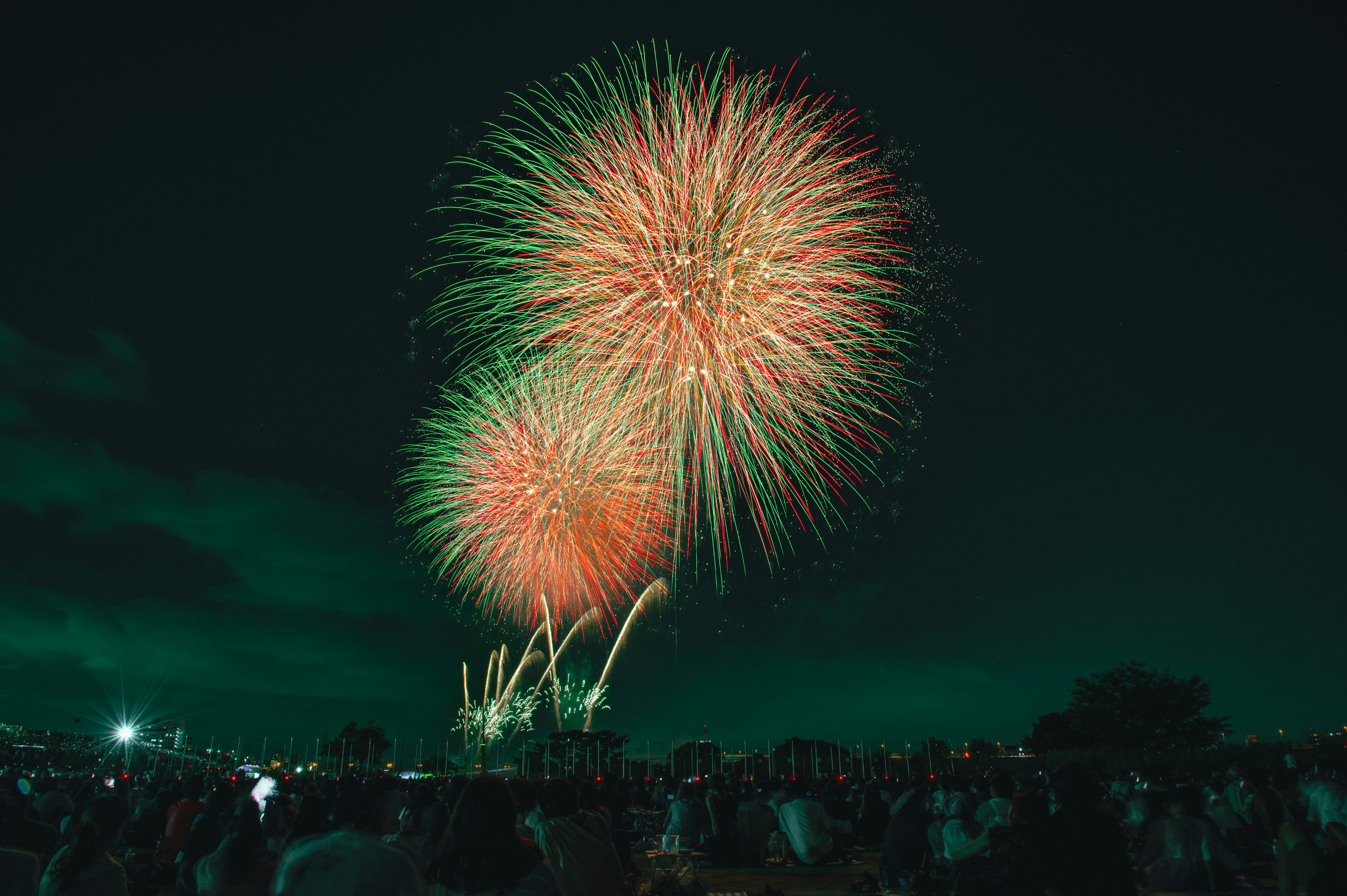 夜空に咲くカラフルな花火と観客のにぎわい