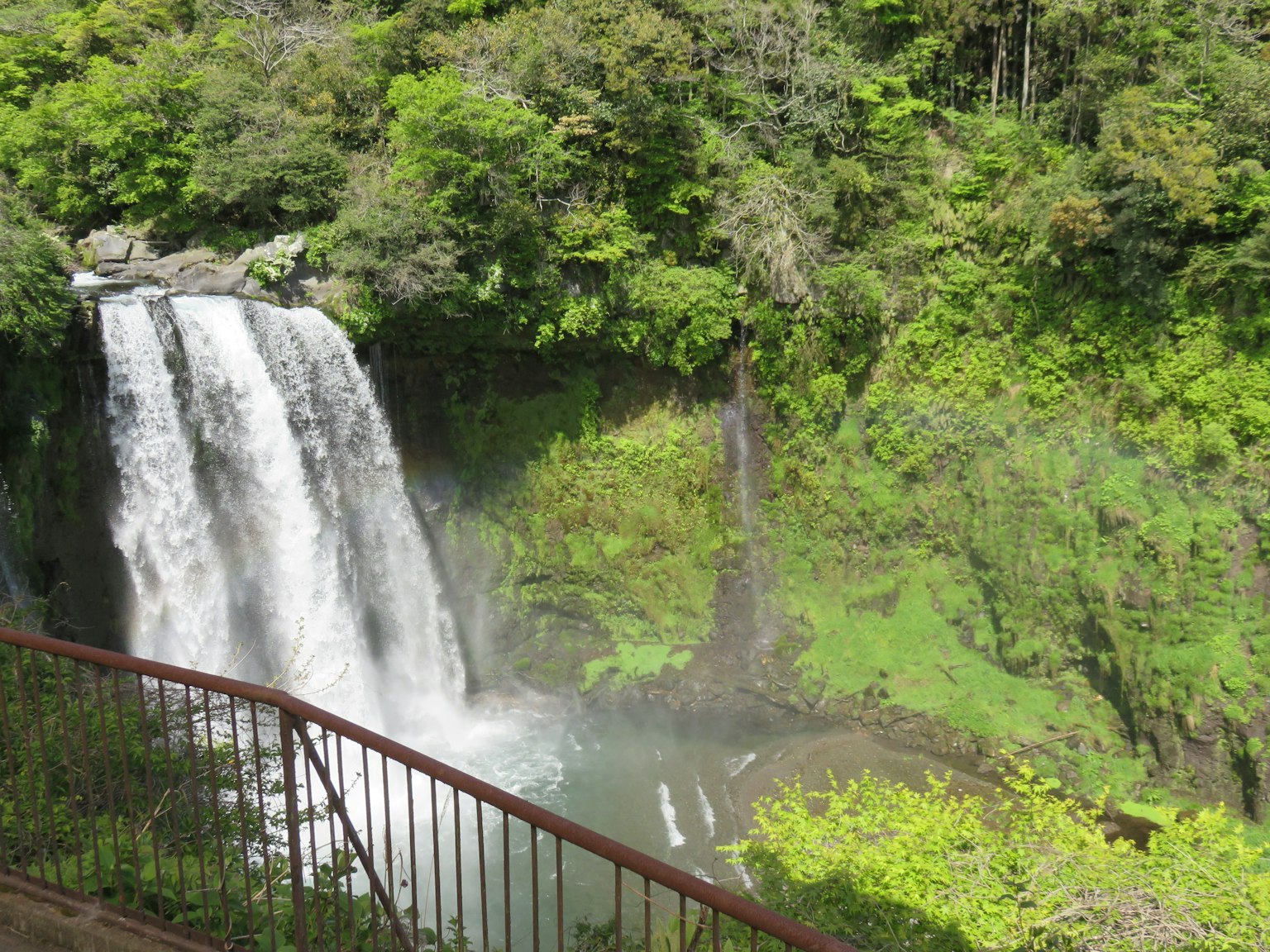 Air terjun indah dikelilingi oleh pepohonan hijau lebat dan pagar