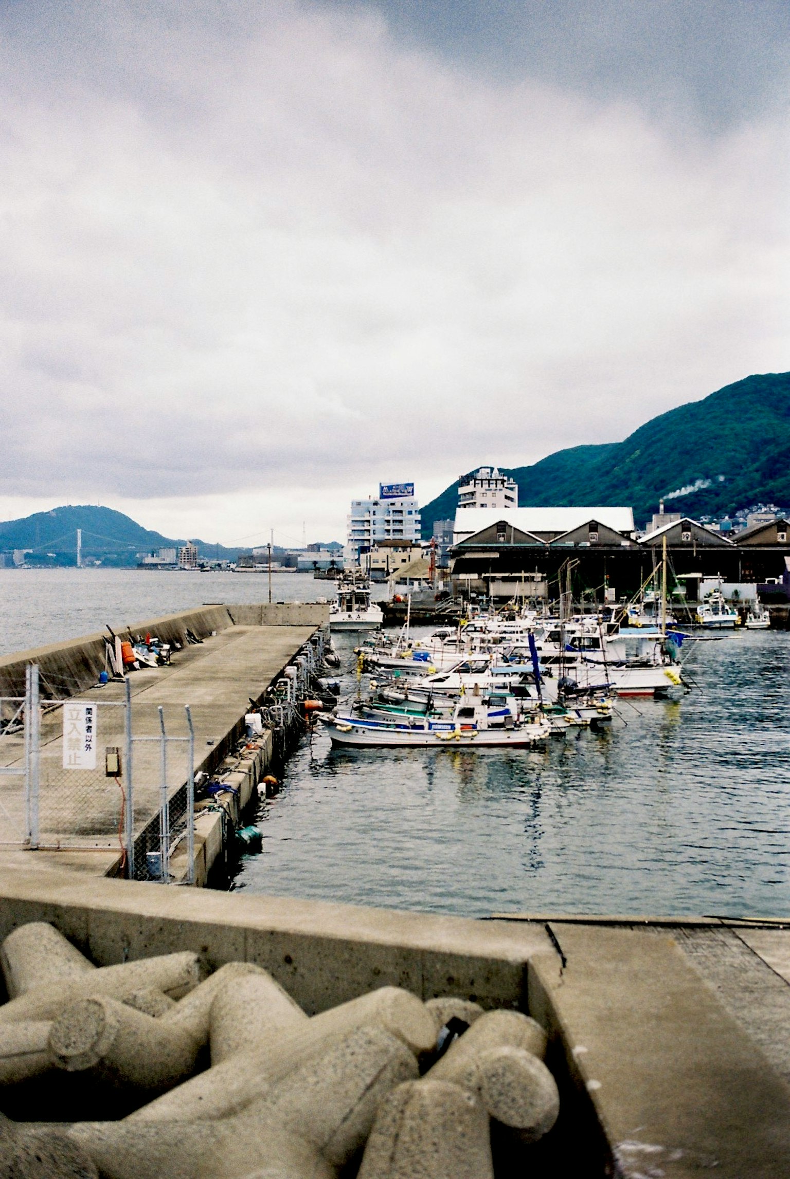 Vista de barcos atracados en un puerto con edificios y montañas al fondo