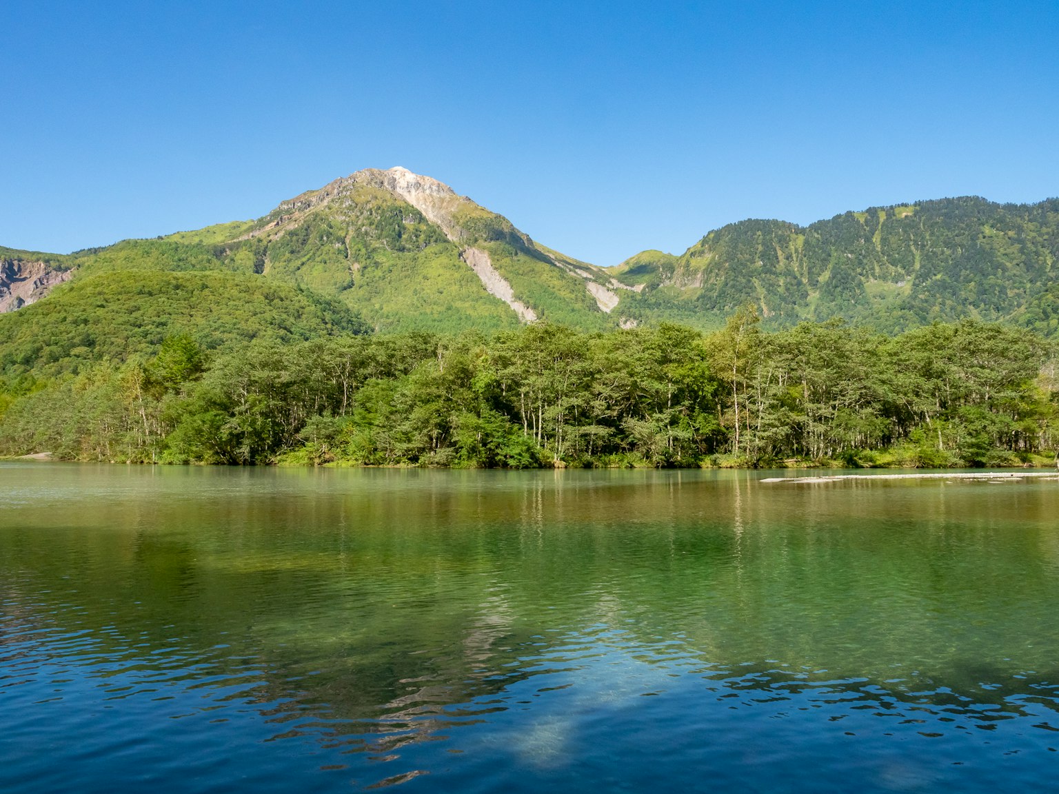 宁静的湖泊风景，映照着绿色山脉和蓝天