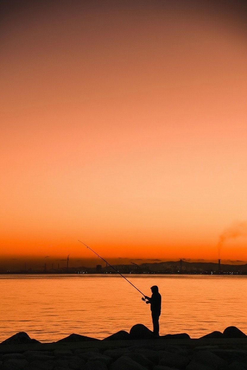 夕焼けの中で釣りをする人のシルエットが映る海の風景