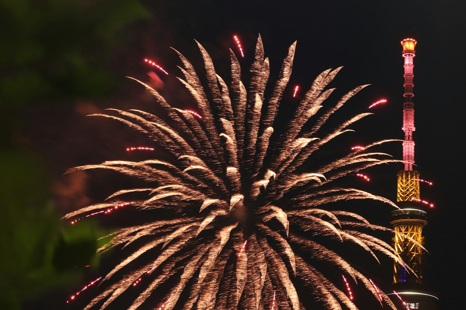 Feux d'artifice derrière la Tokyo Skytree la nuit