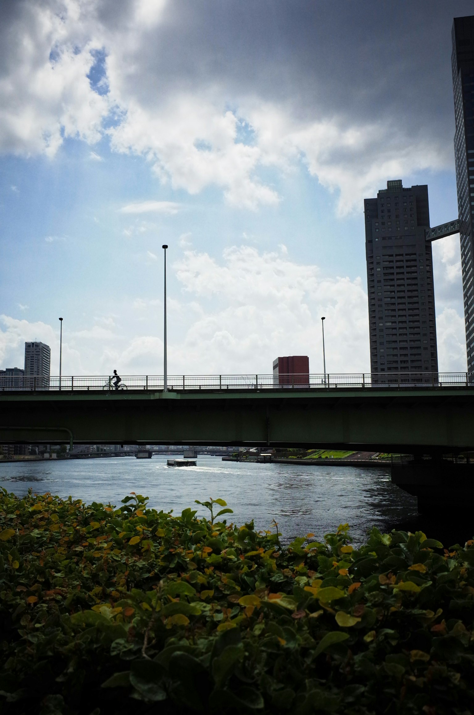 Pemandangan sungai dan jembatan dengan gedung pencakar langit di bawah langit mendung