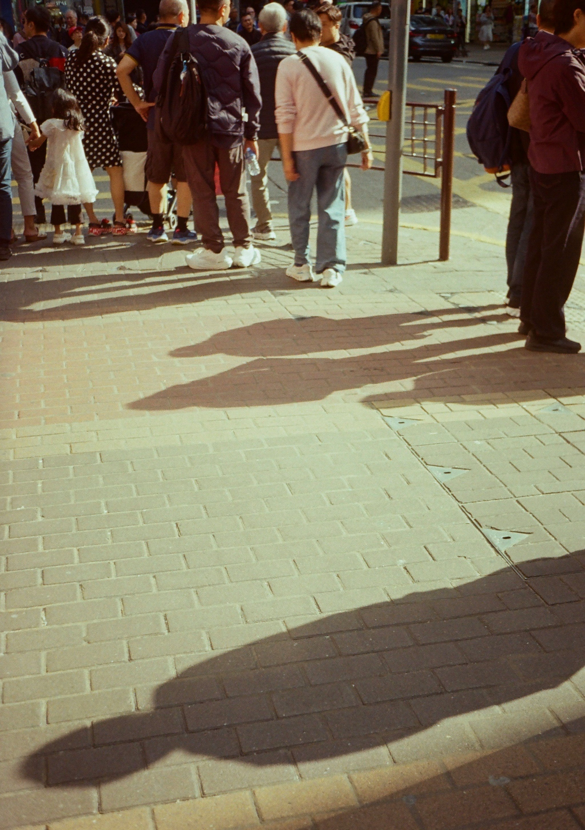 outdoor queue of tourists along a fenced walkway