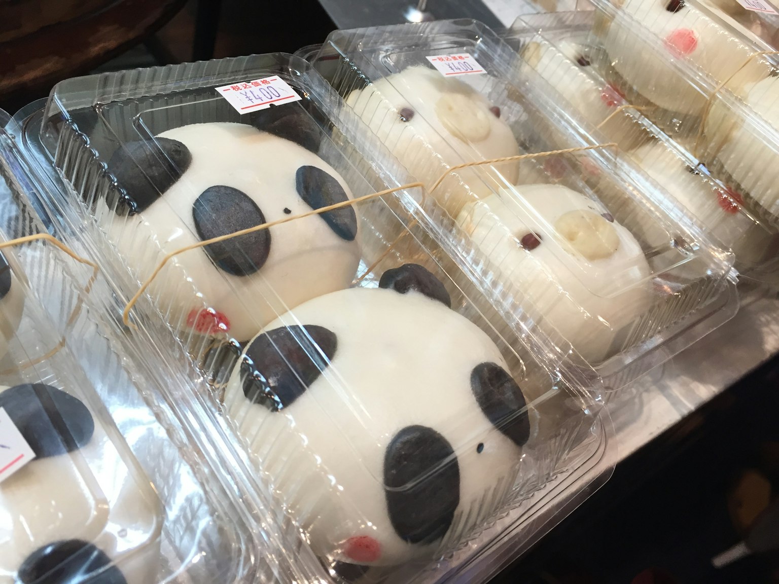 Deliziosi bun a forma di panda esposti in imballaggio trasparente