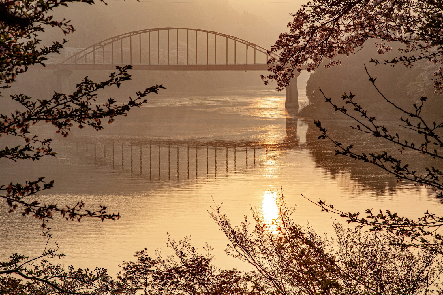 A tranquil landscape featuring a bridge over a river with reflections on the calm water