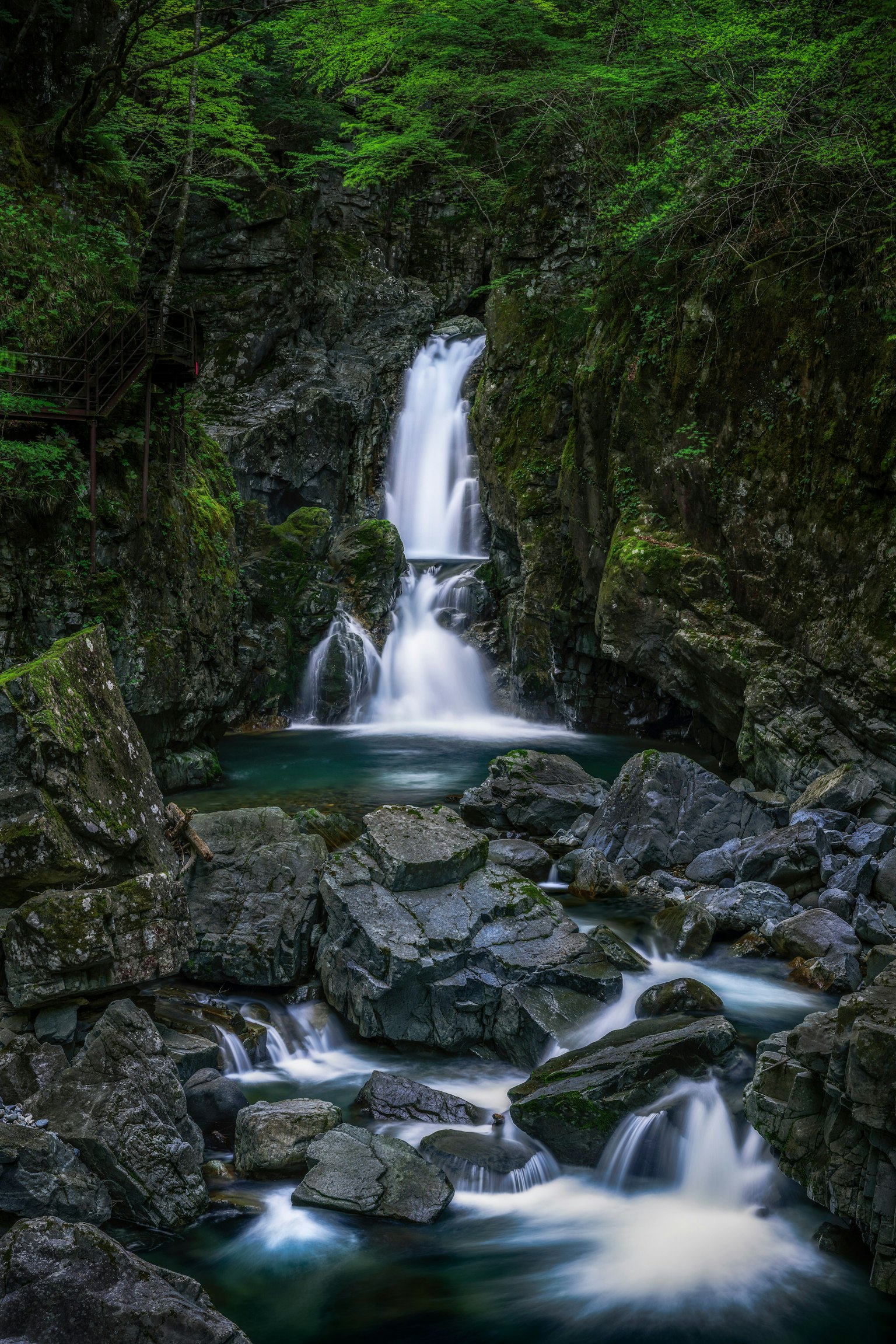 Una cascada serena que cae sobre rocas rodeadas de vegetación exuberante