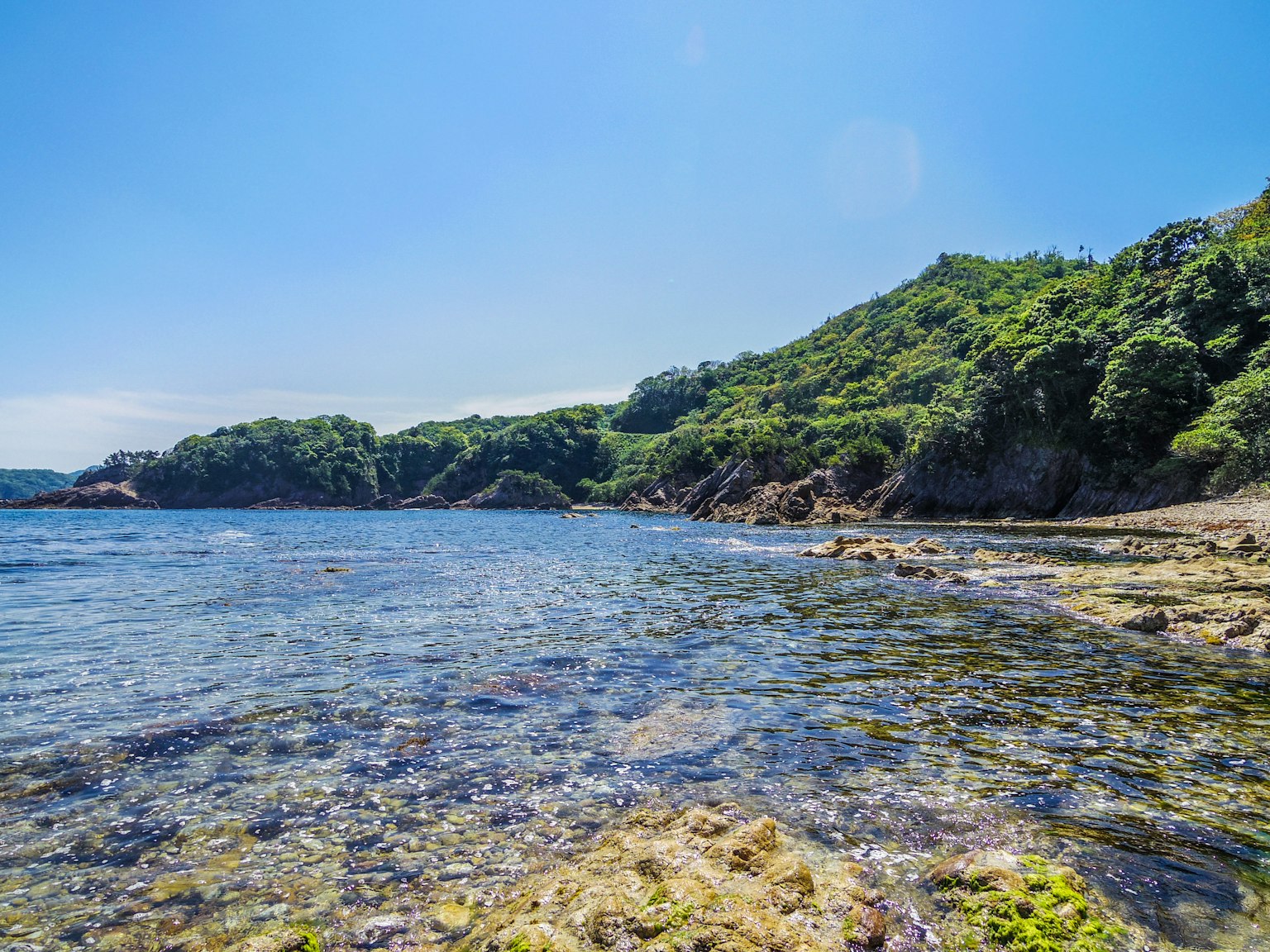 藍色海洋和綠色山丘的美麗景色