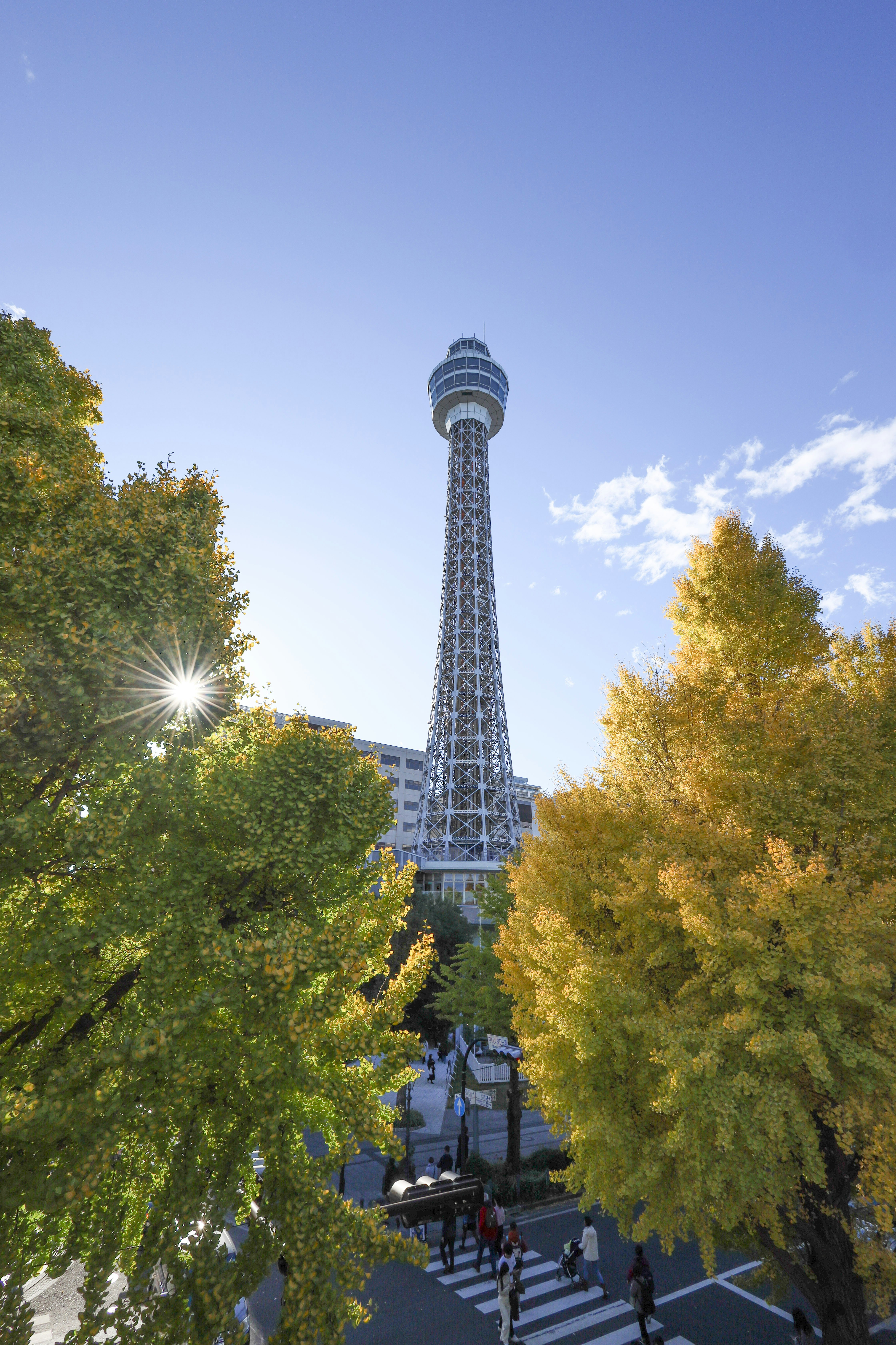 Vista de la Marine Tower de Yokohama con árboles de ginkgo bajo un cielo azul despejado