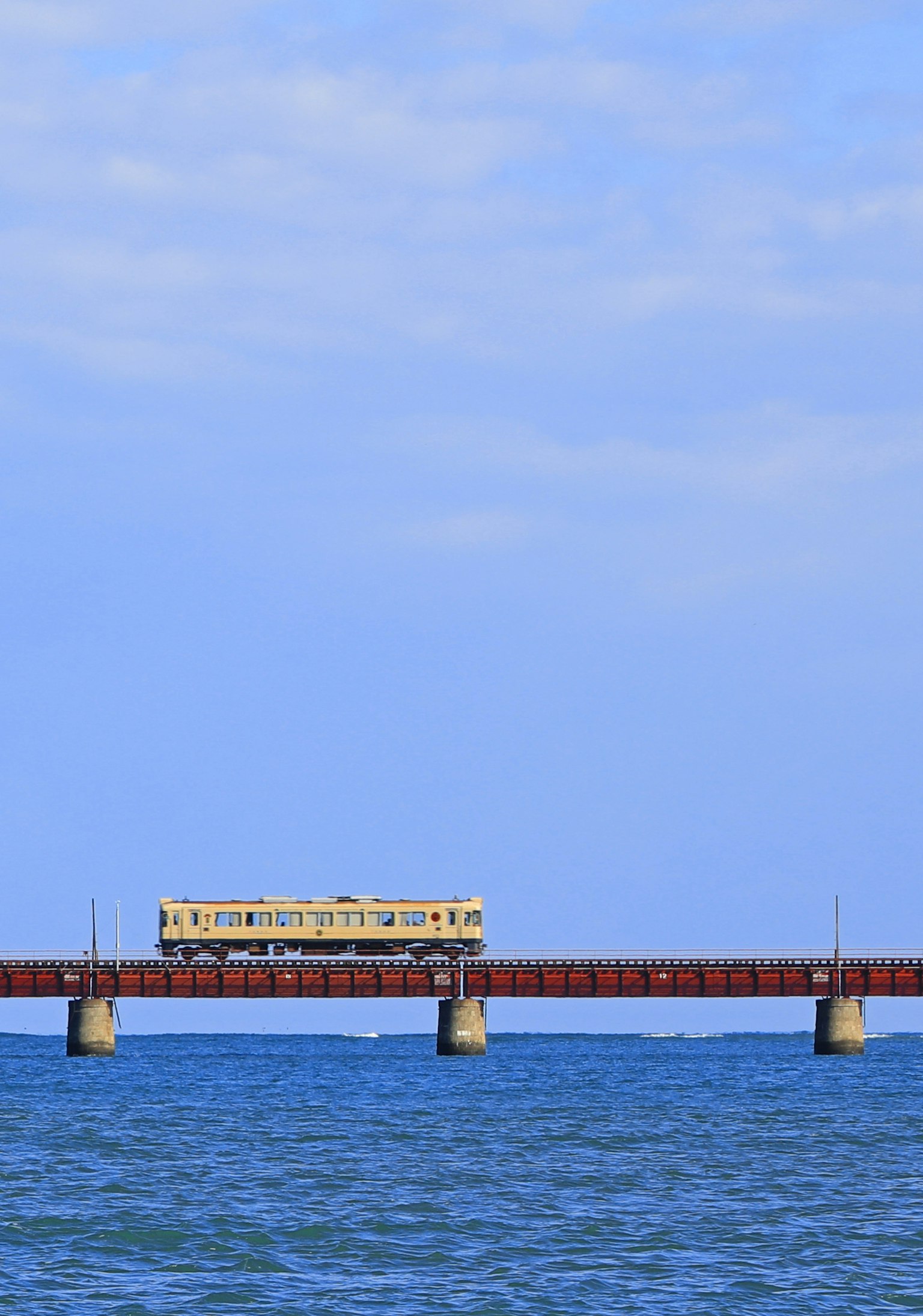Train traversant un pont ferroviaire sur la mer et le ciel bleus