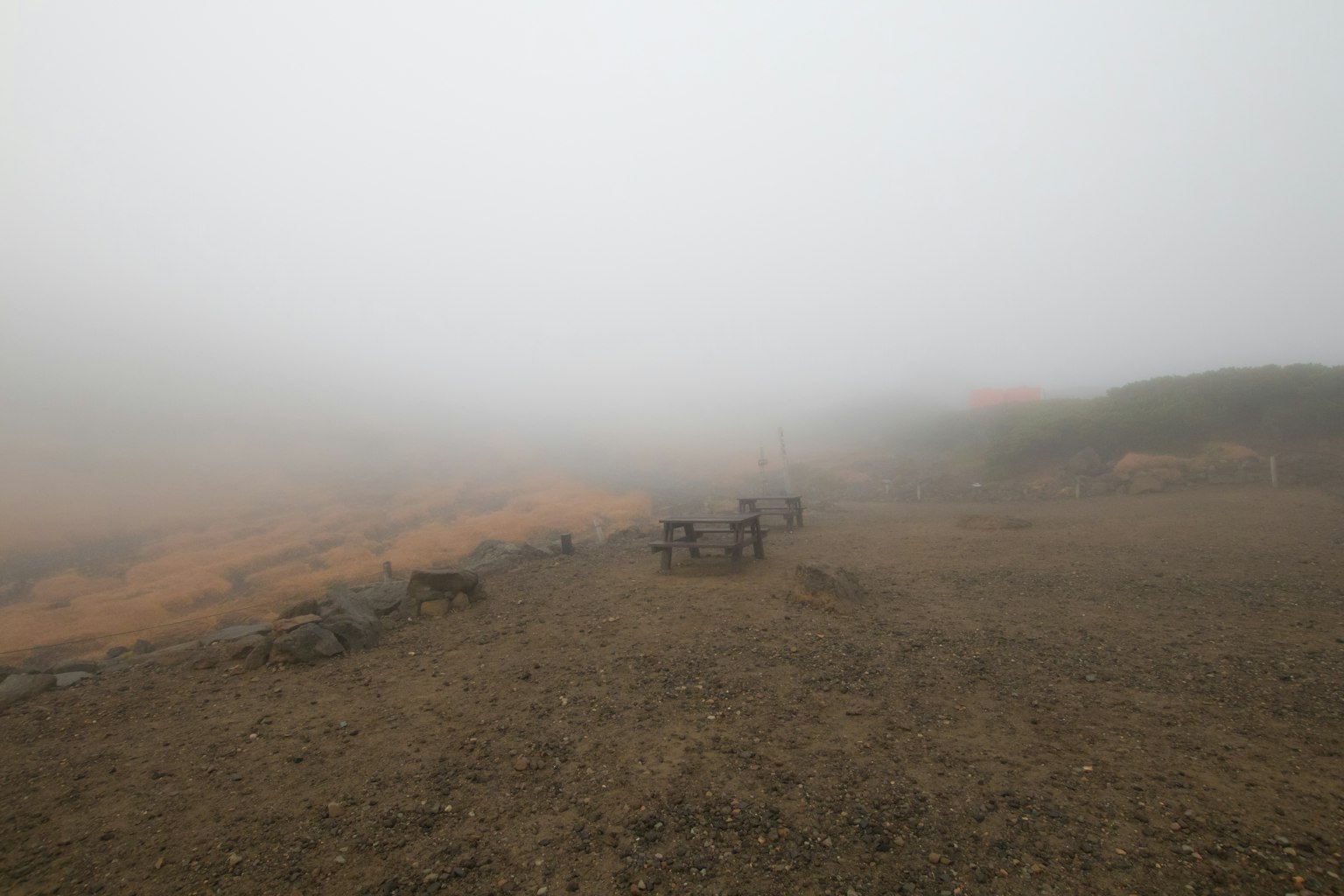 Paesaggio nebbioso con texture del suolo sfocata e prati lontani