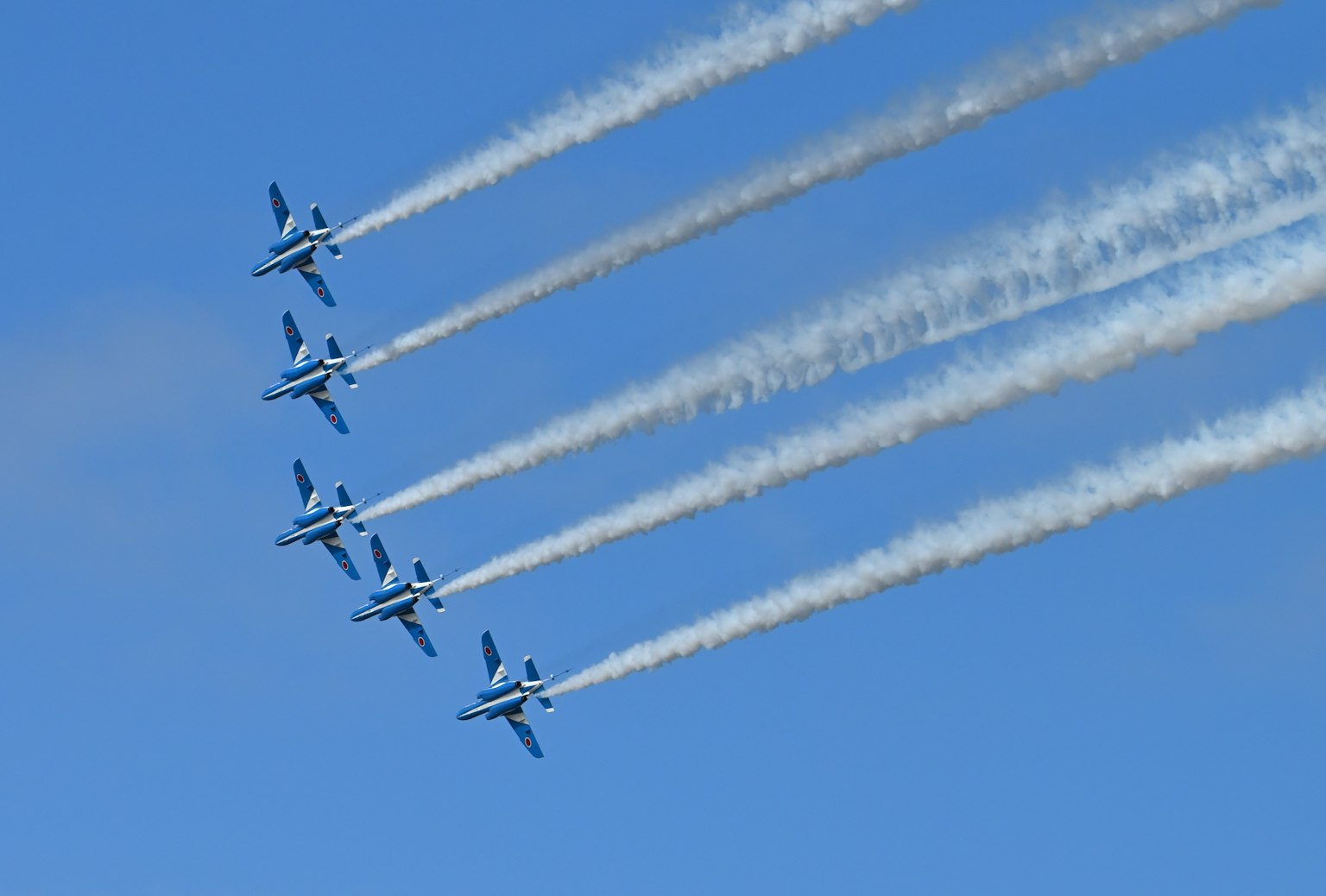 Vuelo en formación de cinco aviones realizando una actuación contra un cielo azul
