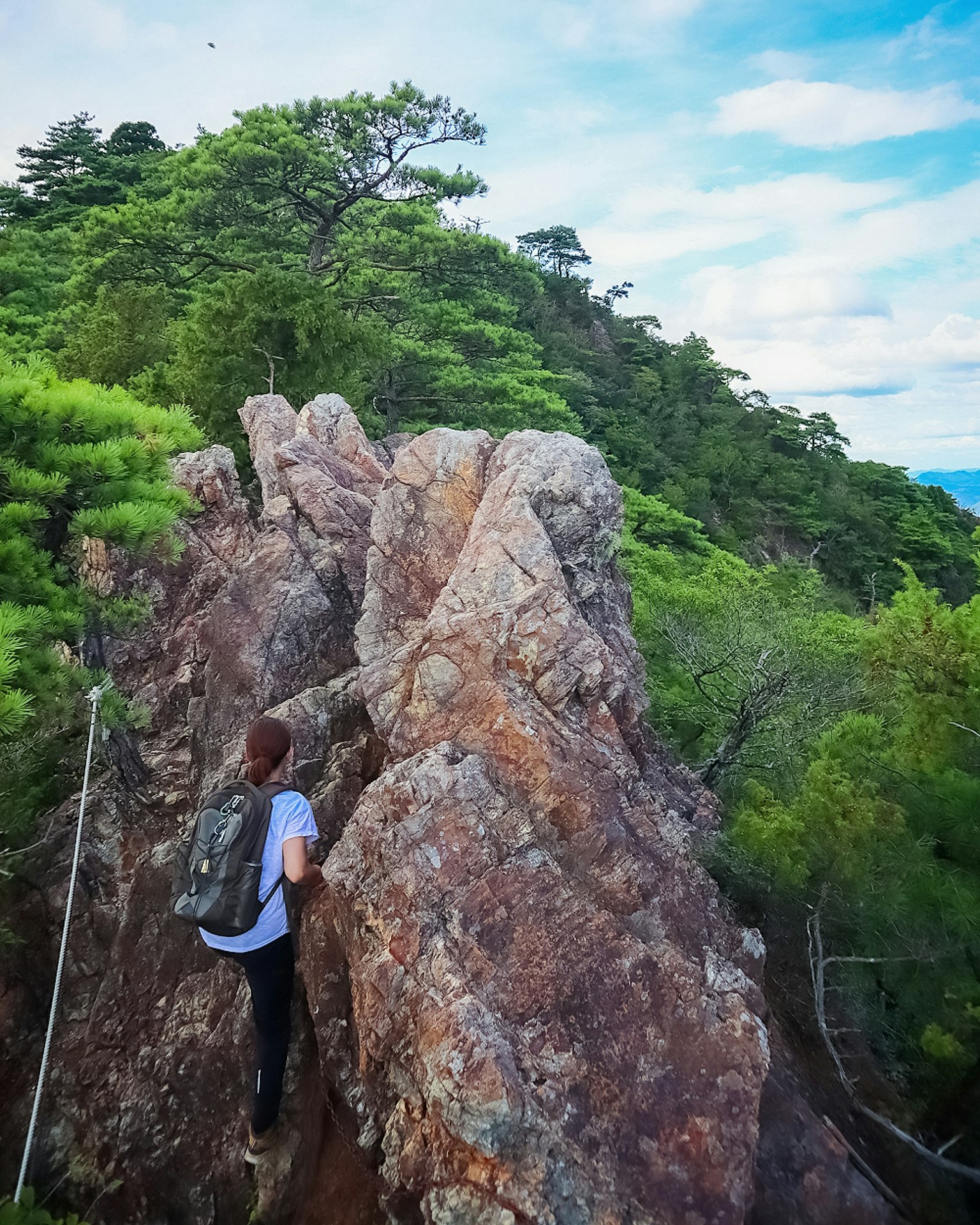 Person climbing a rock with lush green scenery in the background