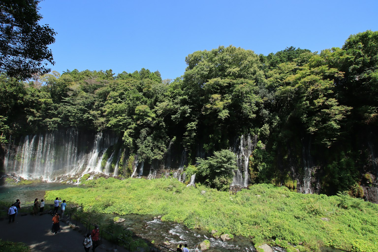 Cascata circondata da una vegetazione lussureggiante e visitatori che ammirano il panorama