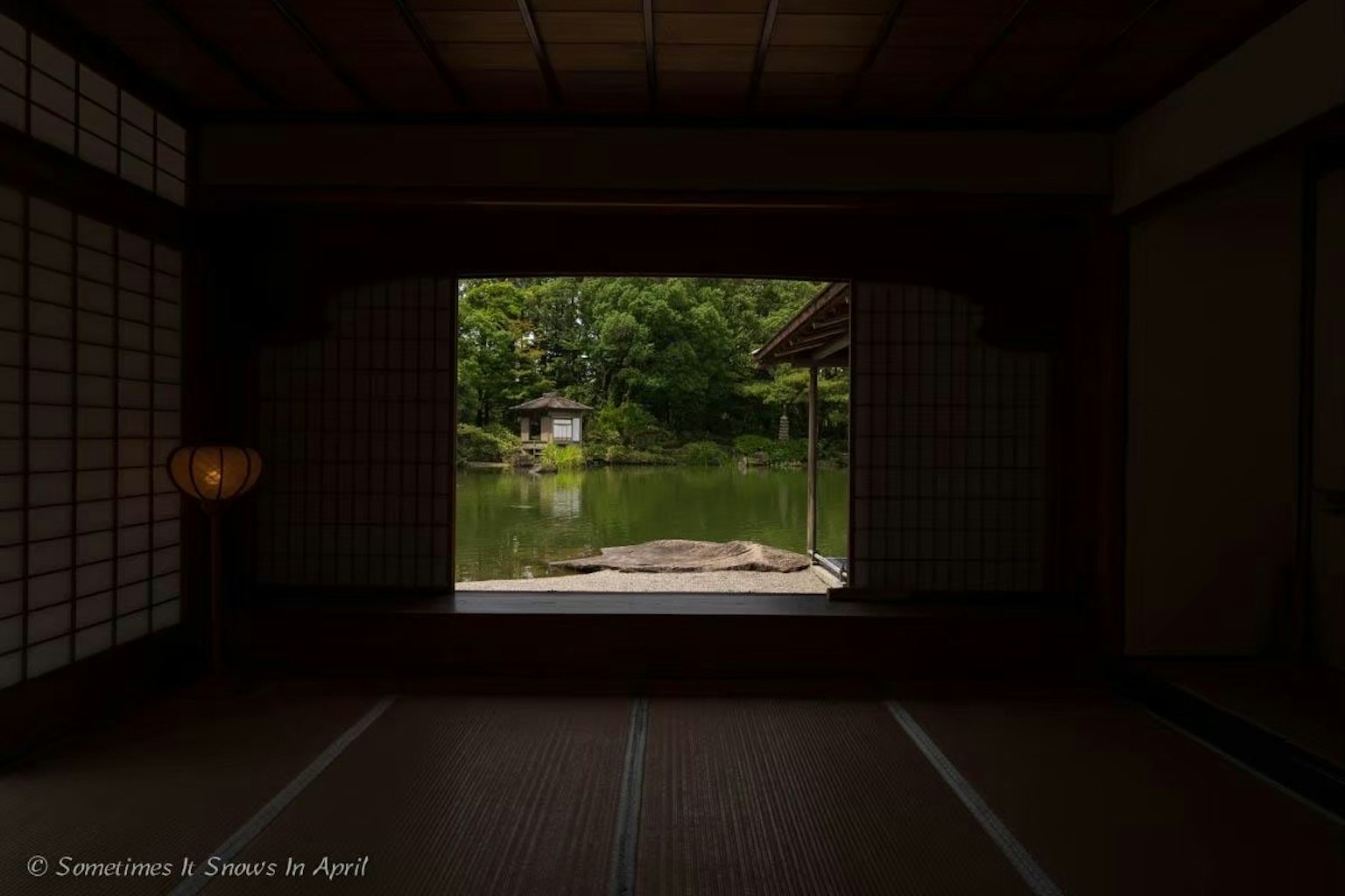 Vista de un sereno estanque y vegetación desde una habitación japonesa tradicional