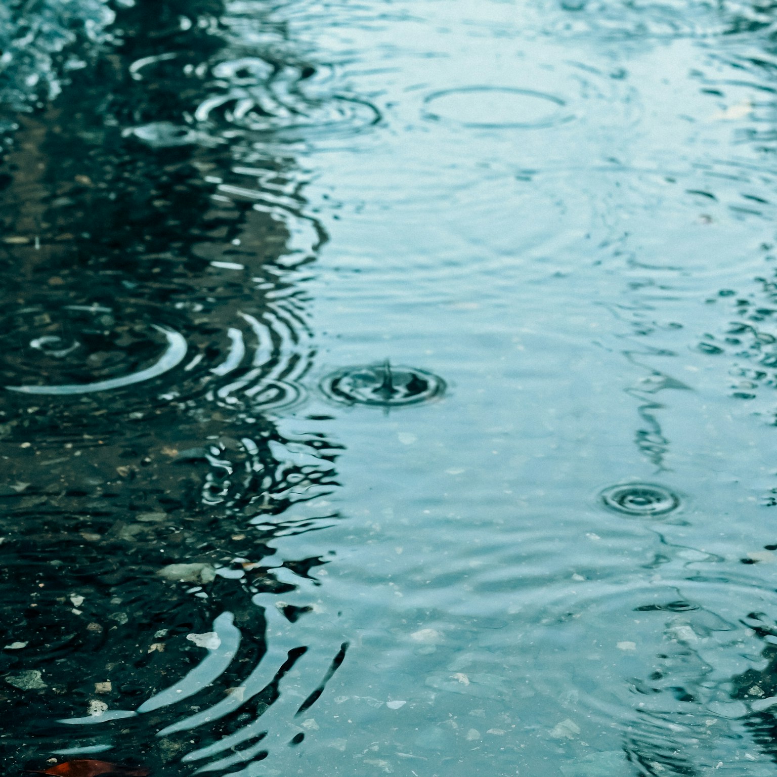 Ondulations dans une flaque d'eau causées par des gouttes de pluie et des reflets
