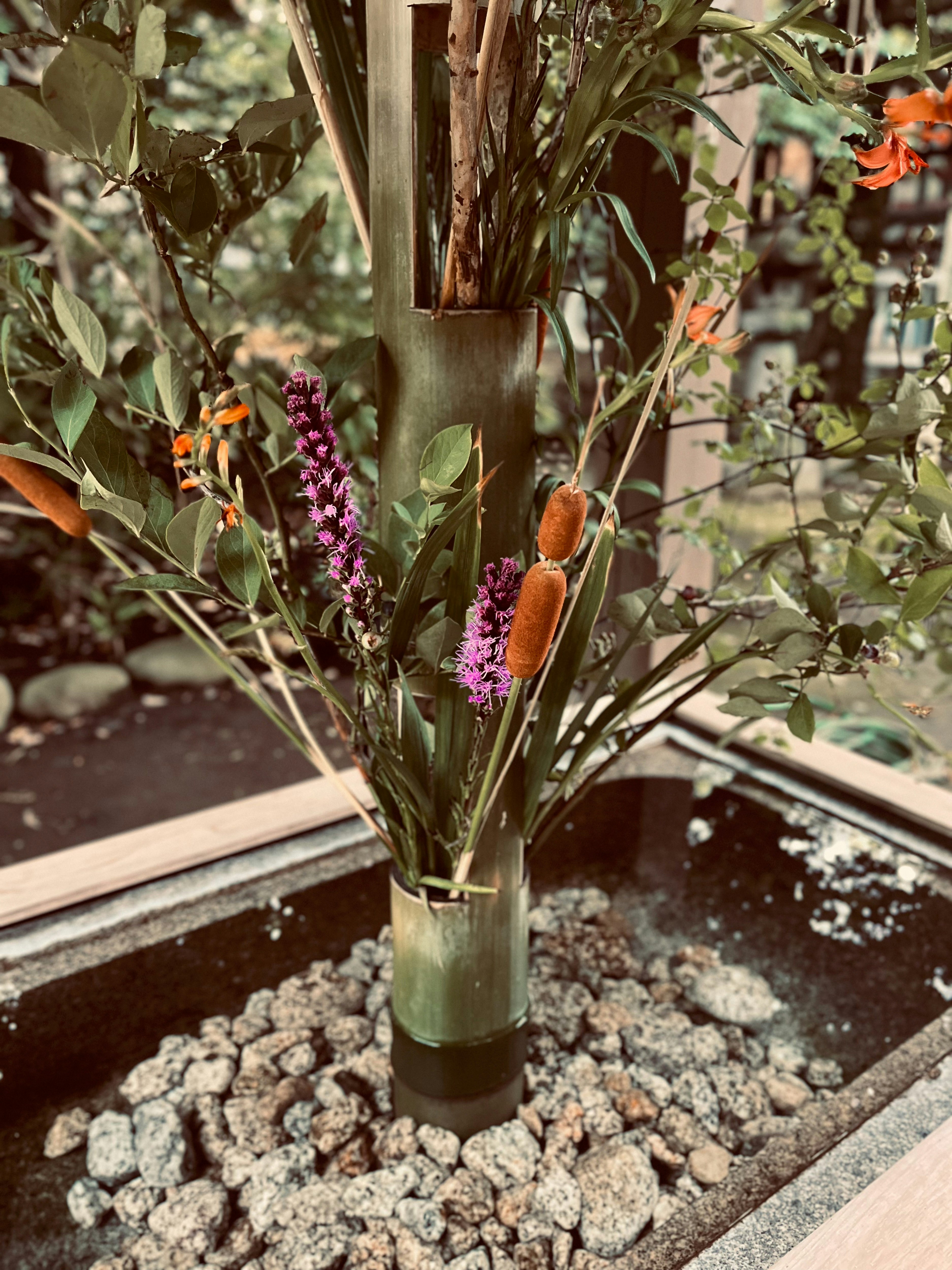 像花手水风格的花卉盆栽与碎石