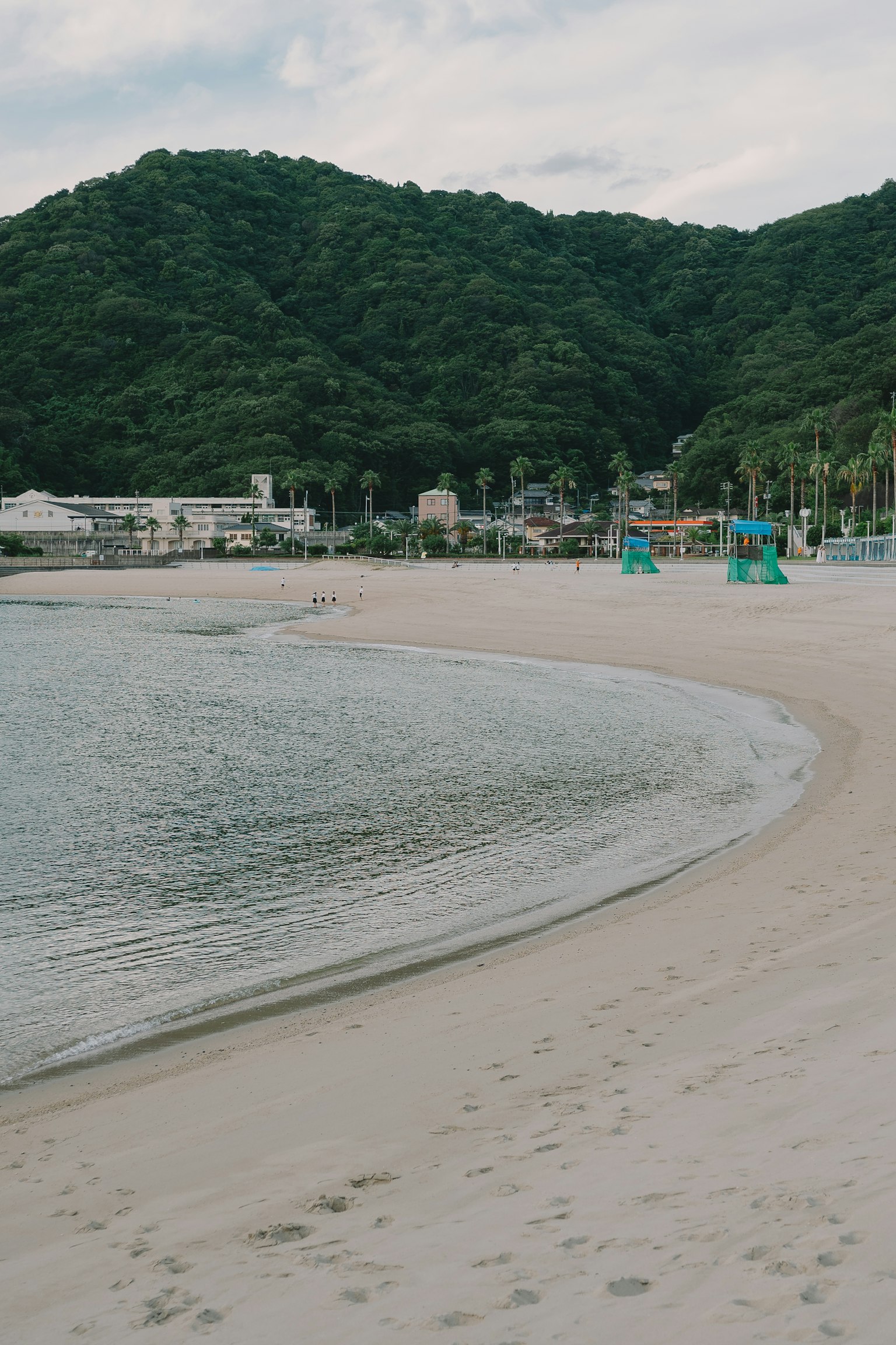Vista di spiaggia serena con colline verdi e mare calmo