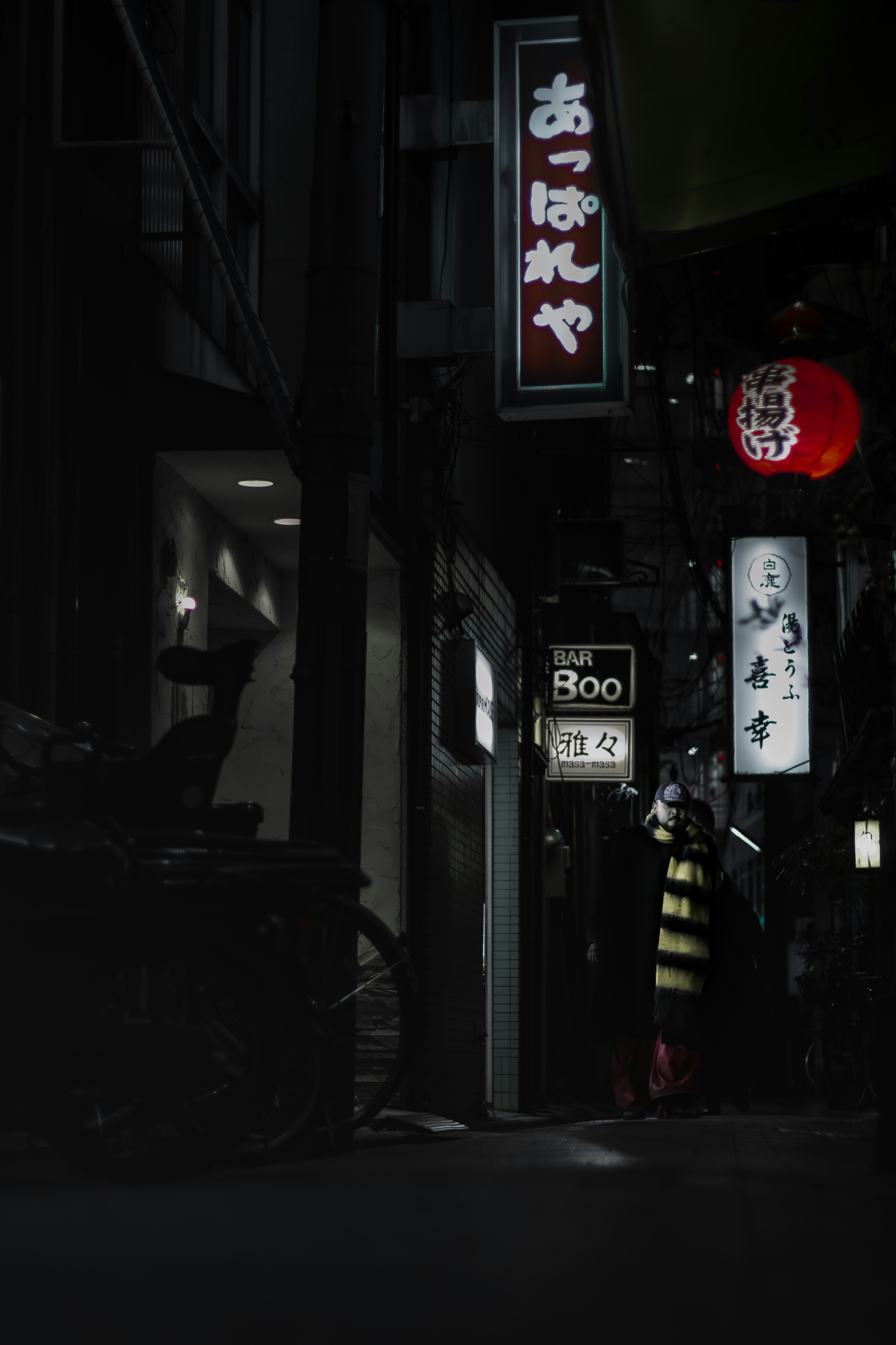 京都の路地に並ぶ提灯と看板のある夜の飲食店街