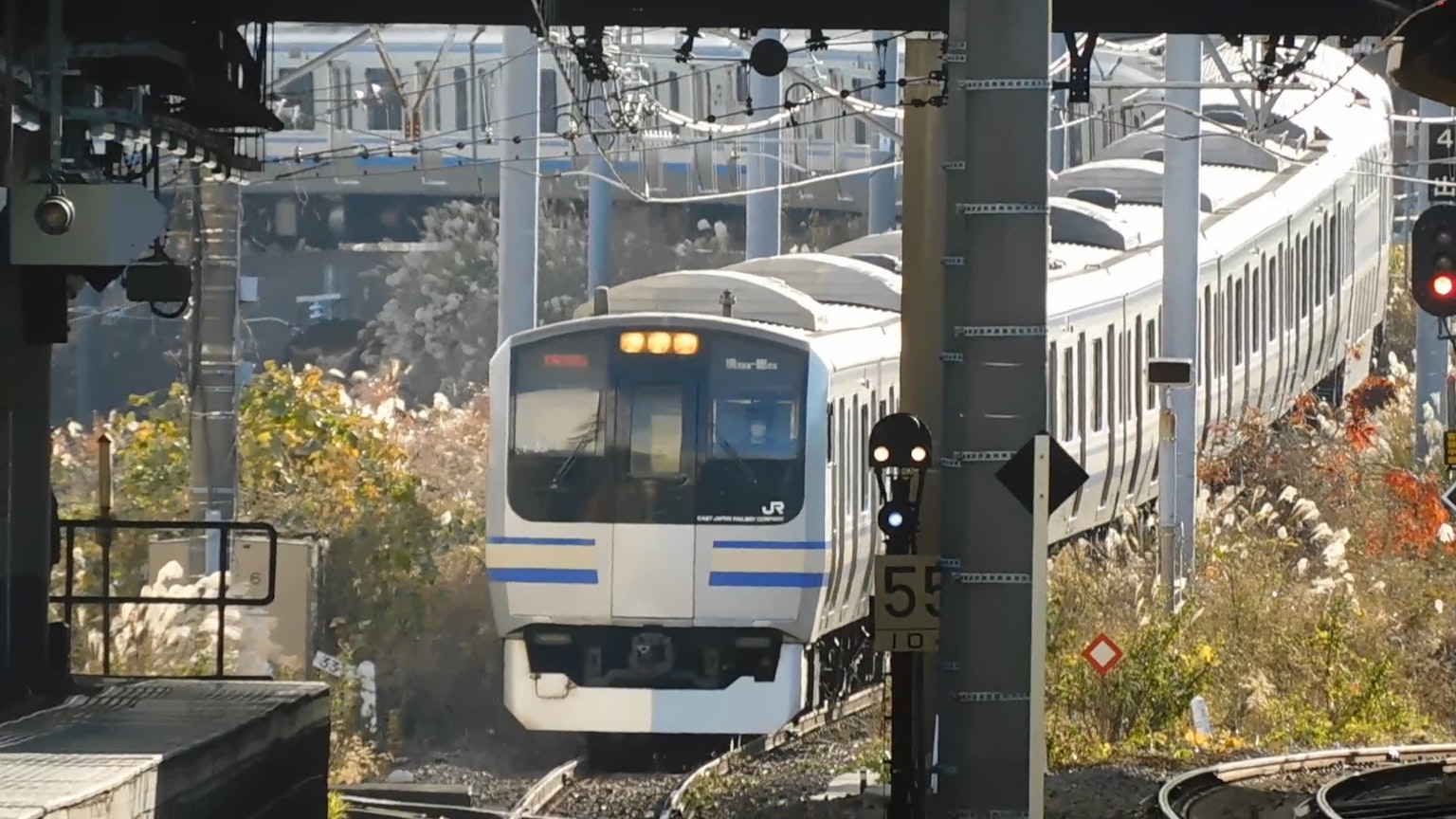白色火車在軌道上行駛，背景有綠色草地和鐵路結構
