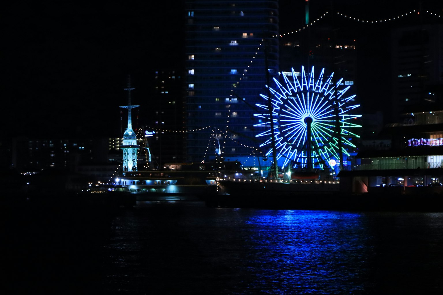 夜景中明亮的摩天轮和港口