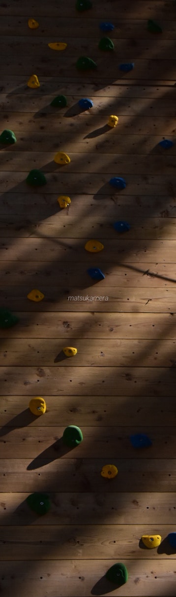 Colorful bouldering holds on a park wall at dusk
