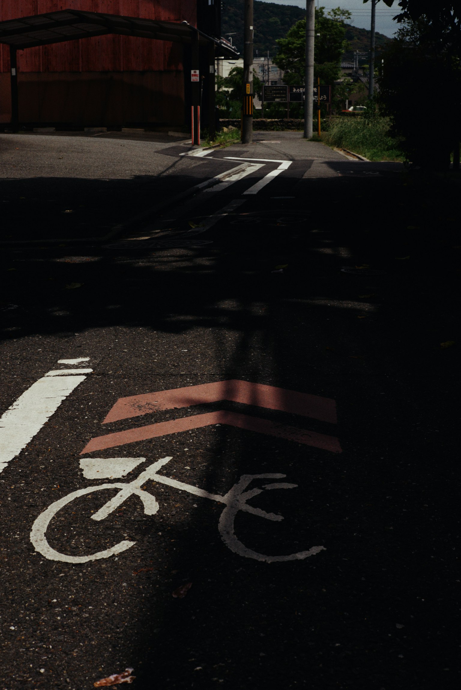 Ein Abschnitt der Straße mit einem Fahrradweg-Symbol und Markierungen