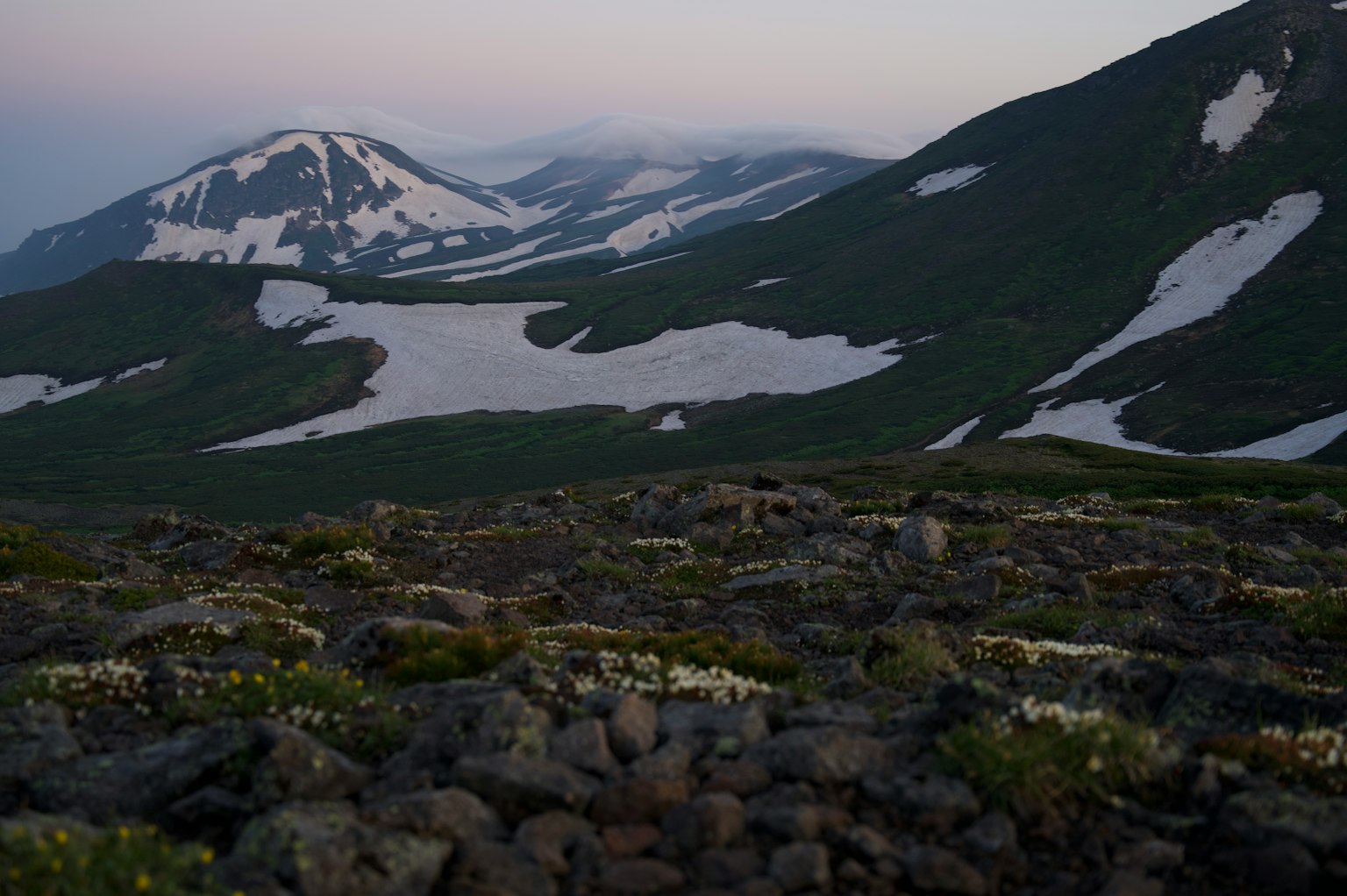 Panoramablick auf schneebedeckte Berge und grüne Hügel